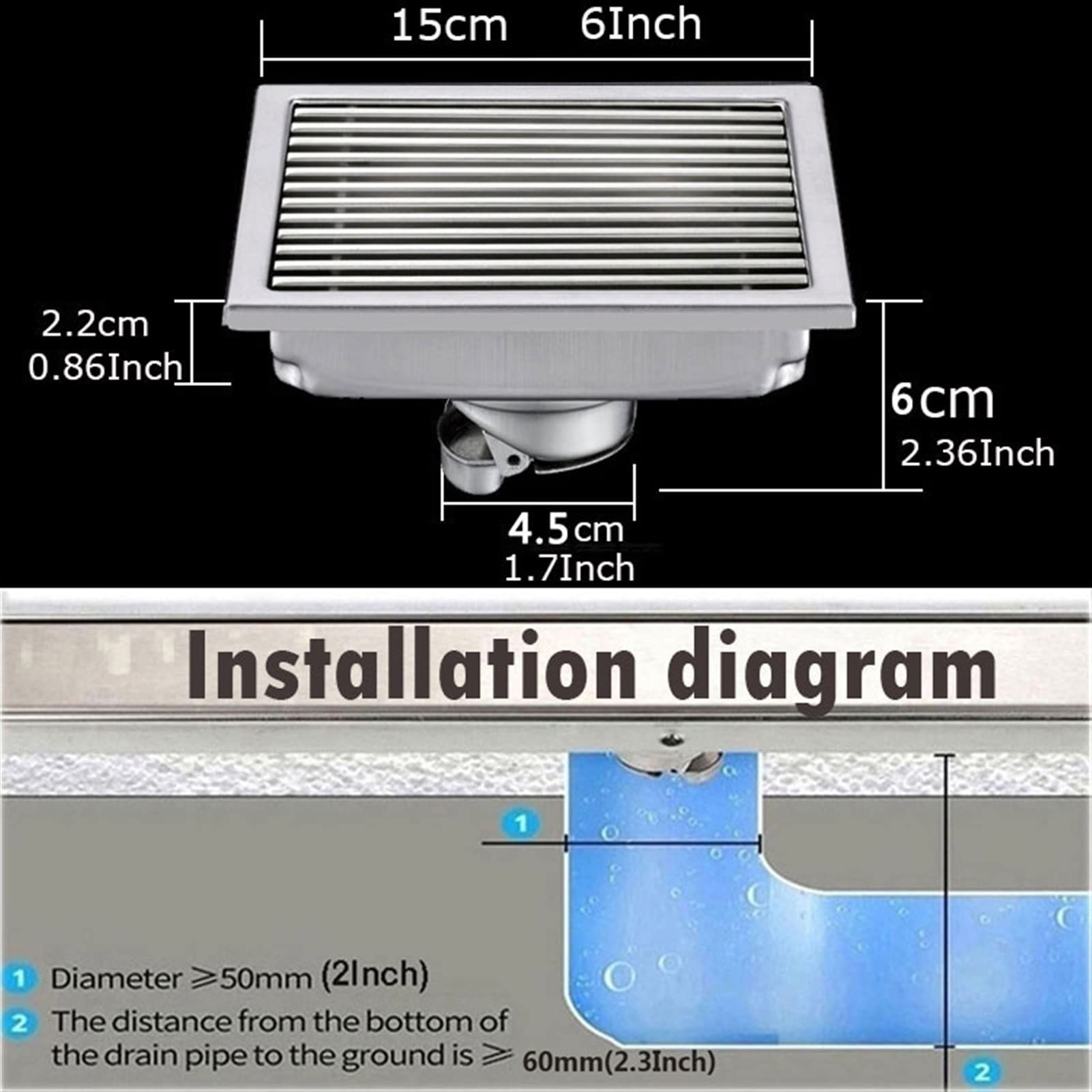 SUS304 Égouttoir de douche carré avec filtre à cheveux amovible 15,2 cm Égouttoir de sol pour cuisine, salle de bain, garage et sous-sol, finition blanche brossée
