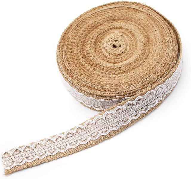 CHSEROK 39 Feet Long Handmade Burlap Ribbon Roll with Lace, Country Decorations for Parties, DIY Wreaths, Filigree Decoration for Wedding Party Decoration (Beige Color)