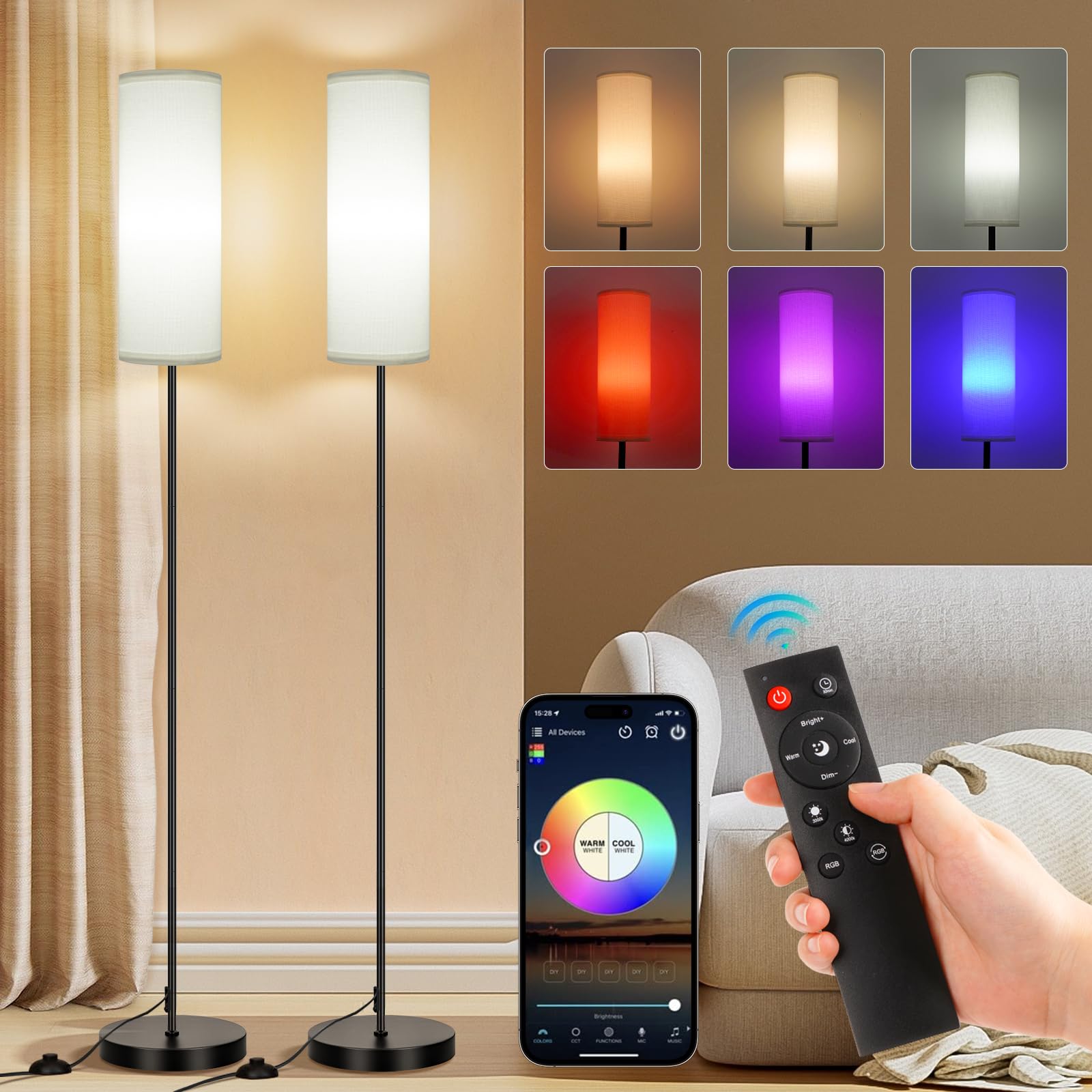 Photo 1 of FRIDEKO HOME 2 Pack Floor Lamps for Living Room, Dimmable Colors Temperature & Brightness, Modern Floor Lamp with Remote, Tall Standing Lamps for Living Room Bedroom Office, White Shade 9W Smart Bulb
