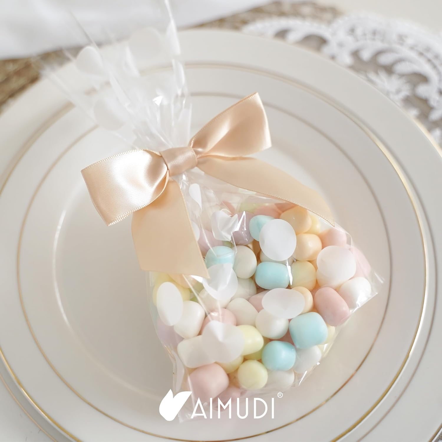 AIMUDI Champagne Bows for Gift Wrapping 3.5" Pre Tied Small Christmas Tree Bows Premade Twist Tie Bows for Treat Bags Small Bows for Crafts Wedding Holiday Decoration- 50 Counts - Image 8