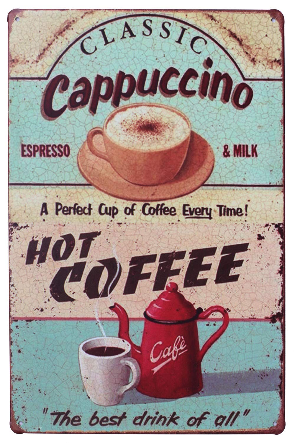 Hioni Classic Cappuccino Hot Coffee Vintage Tin Sign Coffee Poster Wall Decoration Metal Door Sign