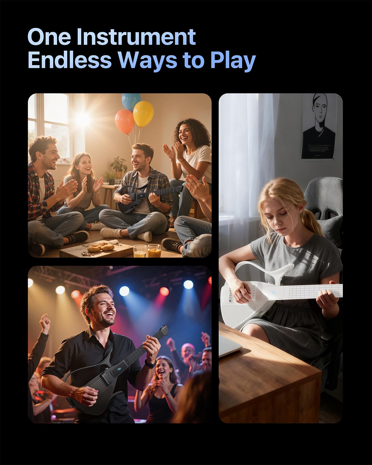 Enya CYBER-G Chitarra Smart – con corde in silicone, 24 suoni integrati, chitarra da viaggio silenziosa bianco con altoparlante, drum system, app e accordi interattivi per adulti o adolescenti