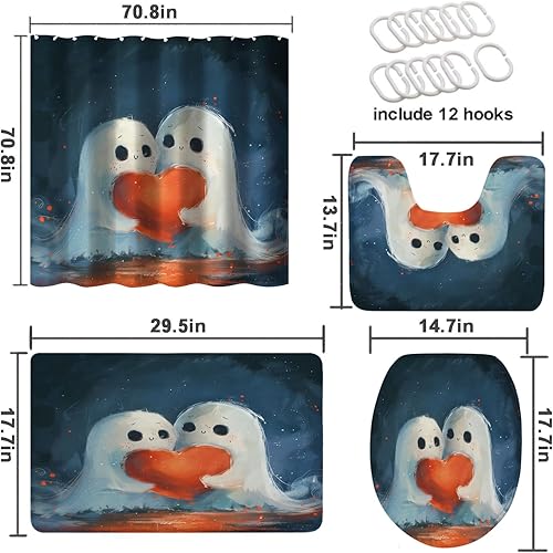 Miniatura 4 de Juego de 4 cortinas de ducha de baño de Halloween con alfombra, tapa de inodoro y tapete de baño, diseño de dibujos animados, fantasma, fantasma,