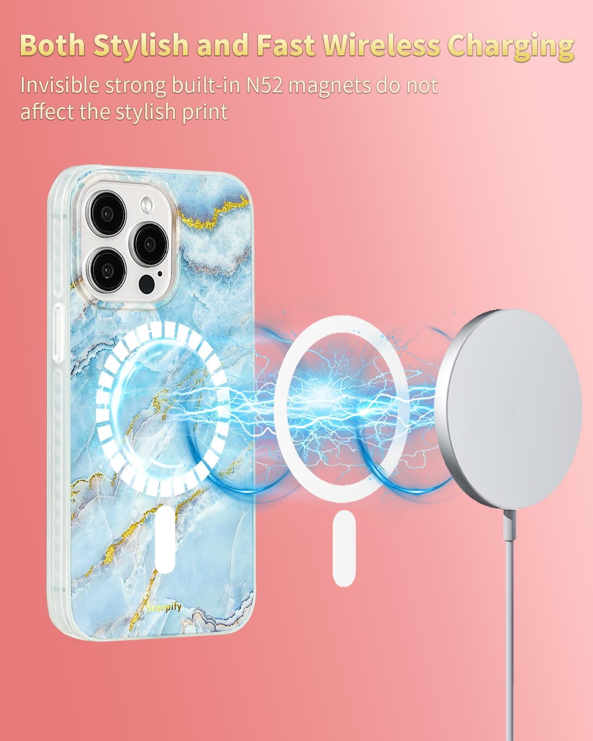 SCORPIFY for iPhone 14 Pro Case [Compatible with MagSafe] with Icelandic Blue Marble Design, Cute Magnetic Phone Cover for Women Girls and Men, Slim Shockproof Bumper with Gold Accents