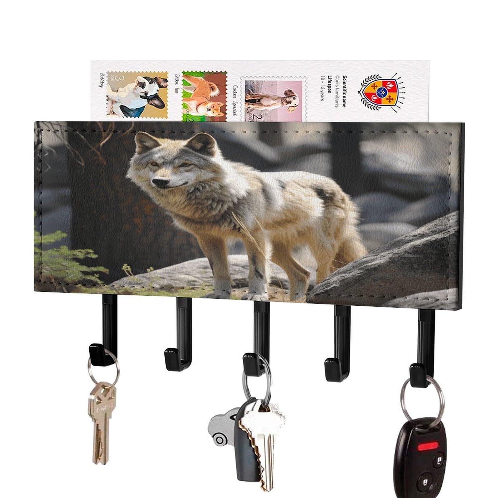 Fekiloot Black-Style Wildlife Wolf Key Holder Wall Mount Key Hanger With 5 Hooks Decorative Key Rack Hanging Key Hooks With Mail Organizer Key Holder For Wall Living Room Kitchen Bathroom Hallway Black