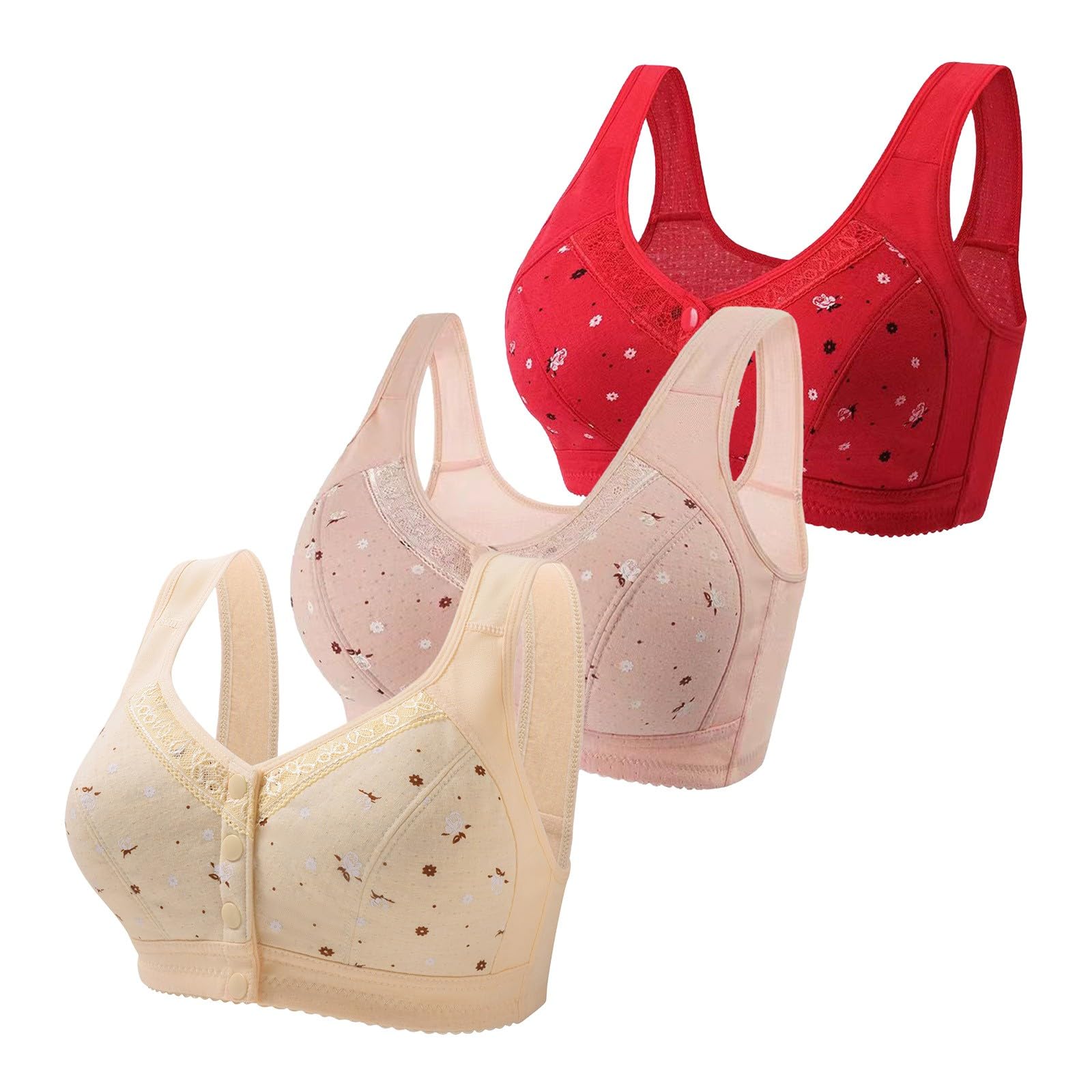 3Pcs Daisy Bras for Older Women Front Fastening Non Wired Sports Bras Women High Impact Bralettes Plus Size Full Coverage Push Up Bra Front Button Wireless Support Underwear Soft Ladie Bras