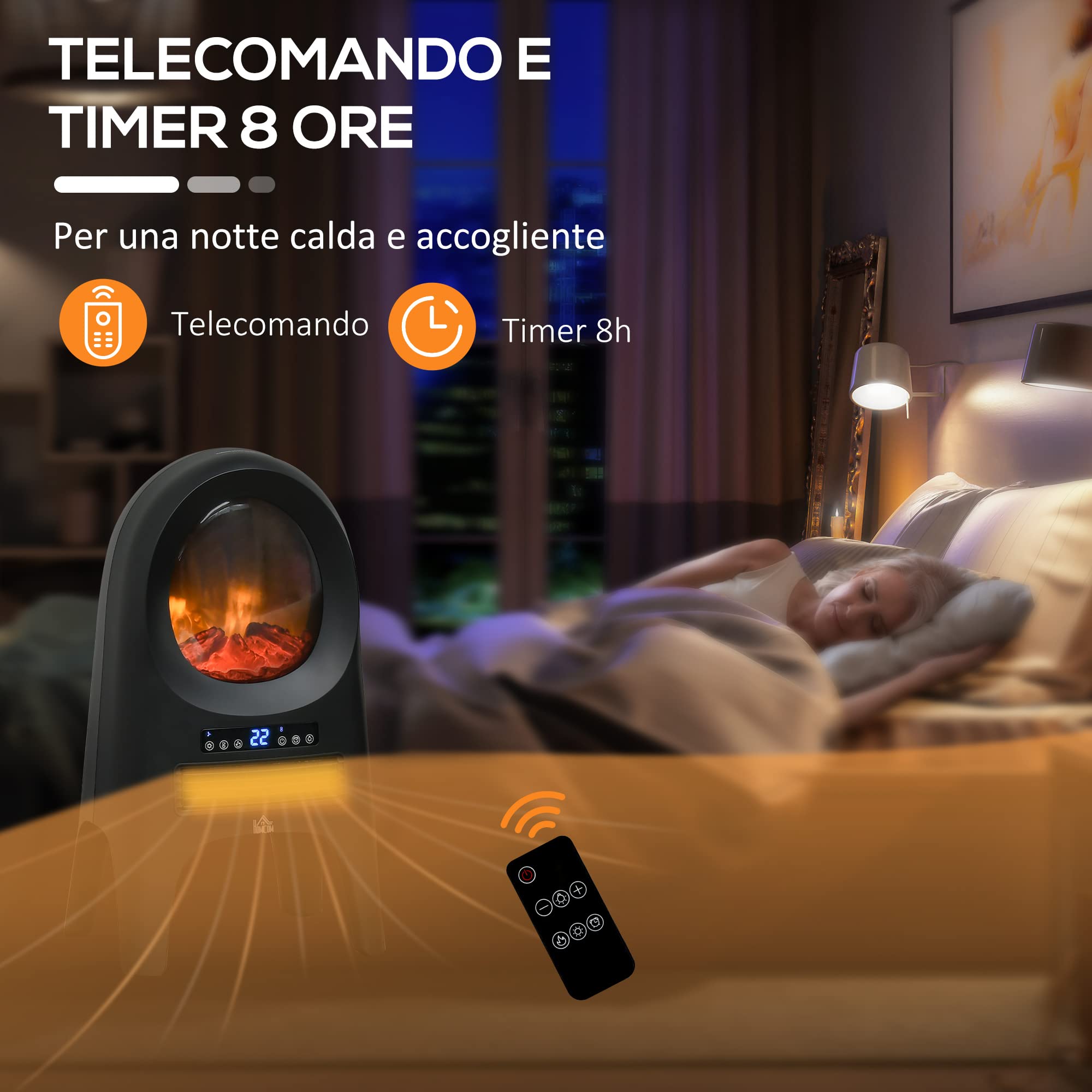 HOMCOM Camino Elettrico PTC 3 Modalità 1000W/2000W 33.7x25.5x60.4 cm Nero | Caminetto Elettrico, Temperatura Regolabile, Spegnimento Automatico, Timer, Telecomando