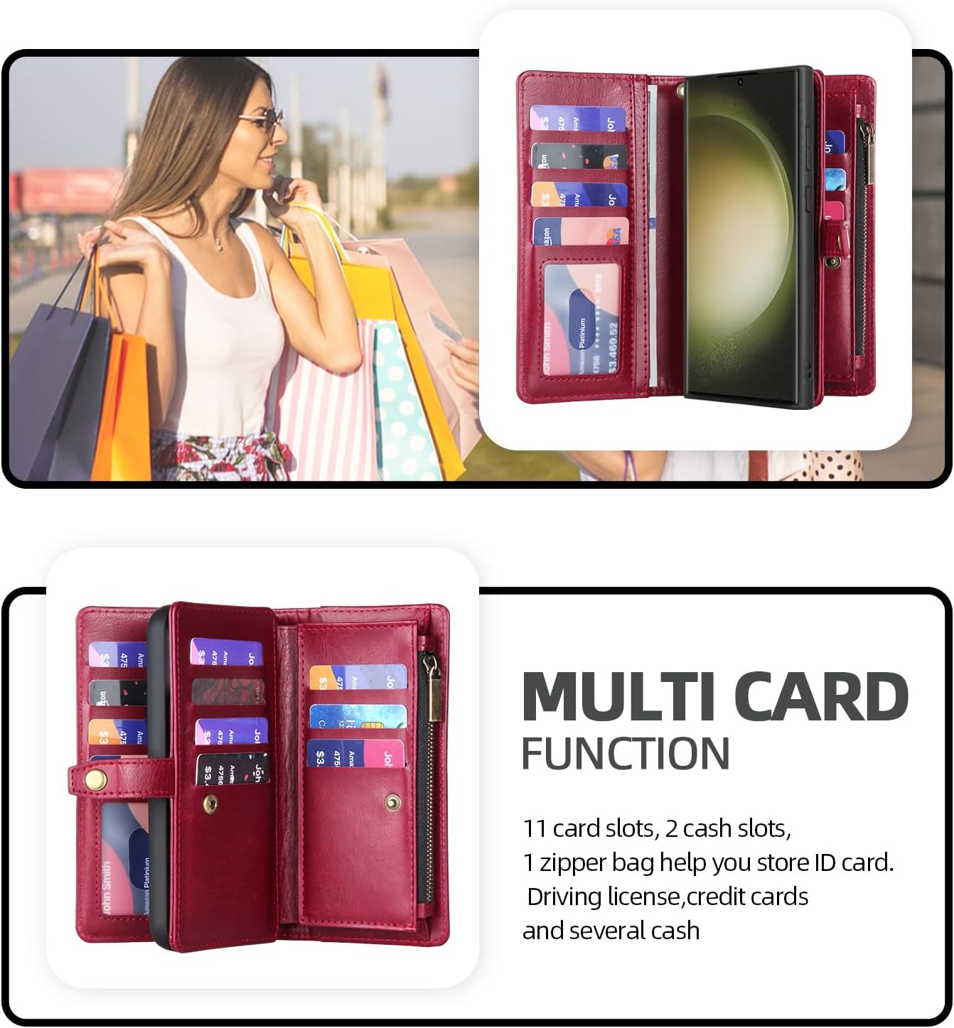 Asuwish Phone Case for Samsung Galaxy S22 Ultra 5G Zipper Wallet Detachable Cover with Screen Protector and Flip Card Holder Slot Cell Accessories Lanyard S22ultra 22S S 22 S22ultra5g Women Men Red