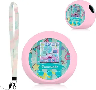For Punirunes Interactive Digital Toy 専用 保護ケース ソフトシリコン製 全周保護 耐衝撃 かわいい背面デザイン ロングストラップ付き 落下防止 キズ防止 防水防塵 Punirunes Interactive Digital Toy case 装着したまま操作可能 (ピンク)