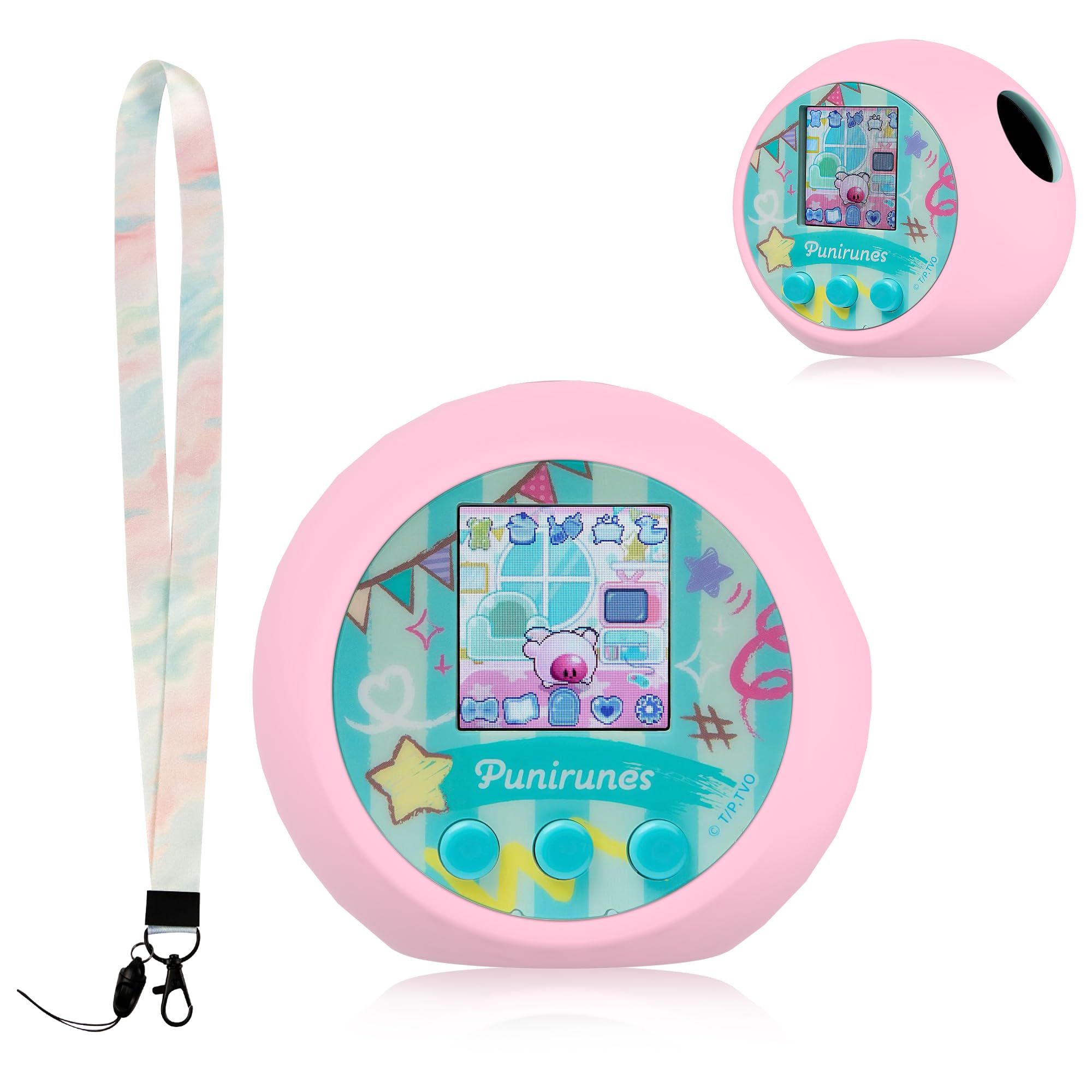 For Punirunes Interactive Digital Toy 専用 保護ケース ソフトシリコン製 全周保護 耐衝撃 かわいい背面デザイン ロングストラップ付き 落下防止 キズ防止 防水防塵 Punirunes Interactive Digital Toy case 装着したまま操作可能 (ピンク)