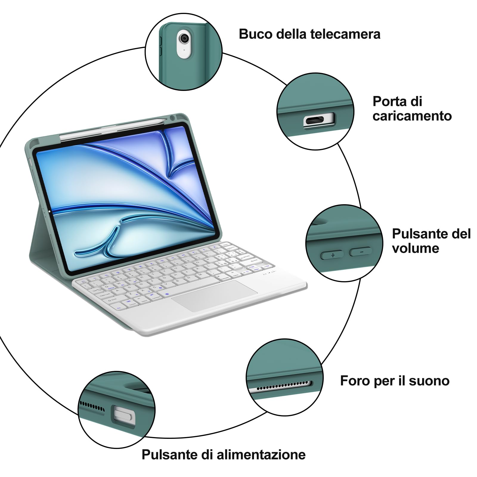 WINCHKING Cover Tastiera per iPad Air 11 M4 2026/M3 2025/M2 2024 con Touchpad, Italiano QWERTY, Custodia con Bluetooth Rimovibile Tastiera per iPad Air 11 Pollici M4/M3/M2, Verde scuro