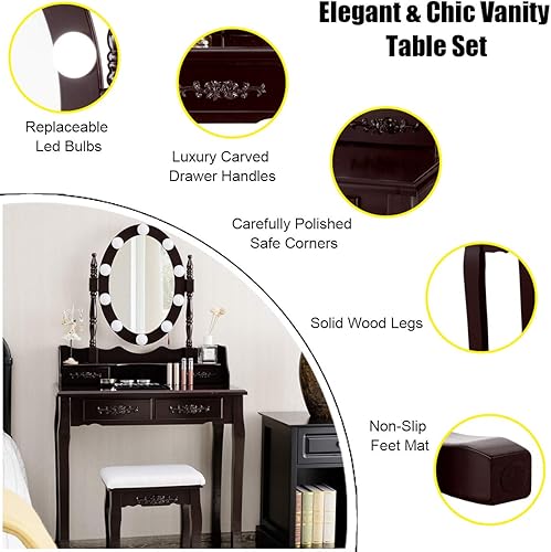 Miniatura 7 de DORTALA Juego de mesa de tocador, mesa de maquillaje con espejo iluminado, 4 cajones, taburete acolchado, pierna de madera maciza, 10 bombillas