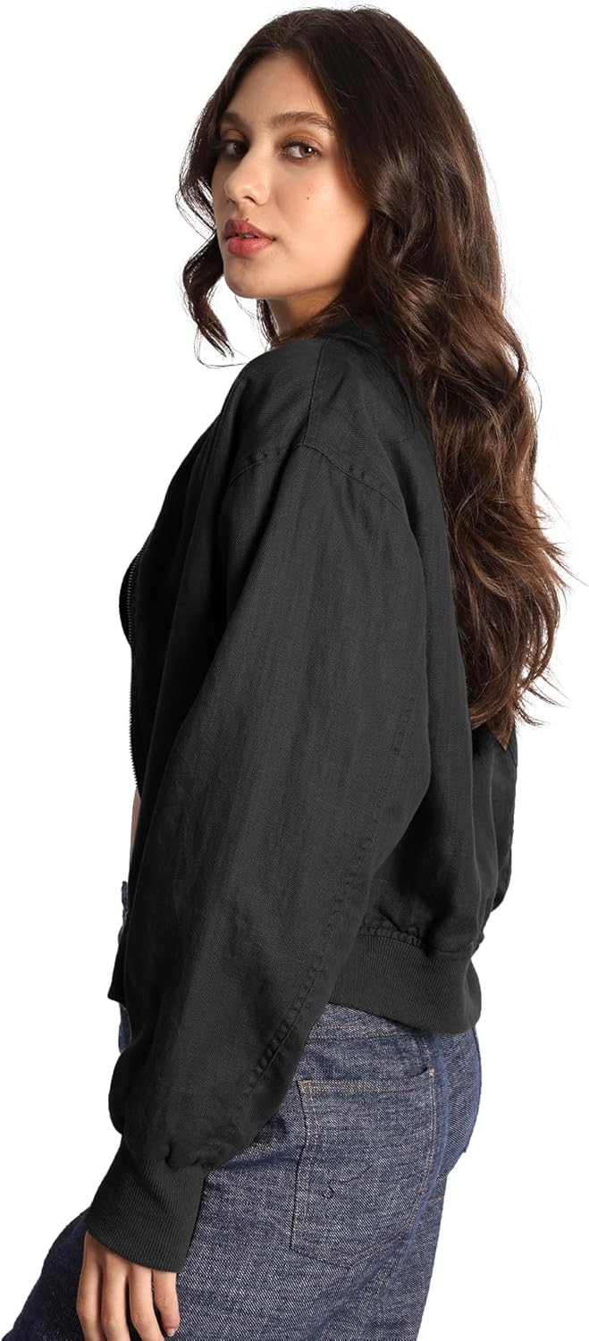 Women's Retro Linen Blend Pilot Jacket Casual Zipper Windbreaker with Pockets