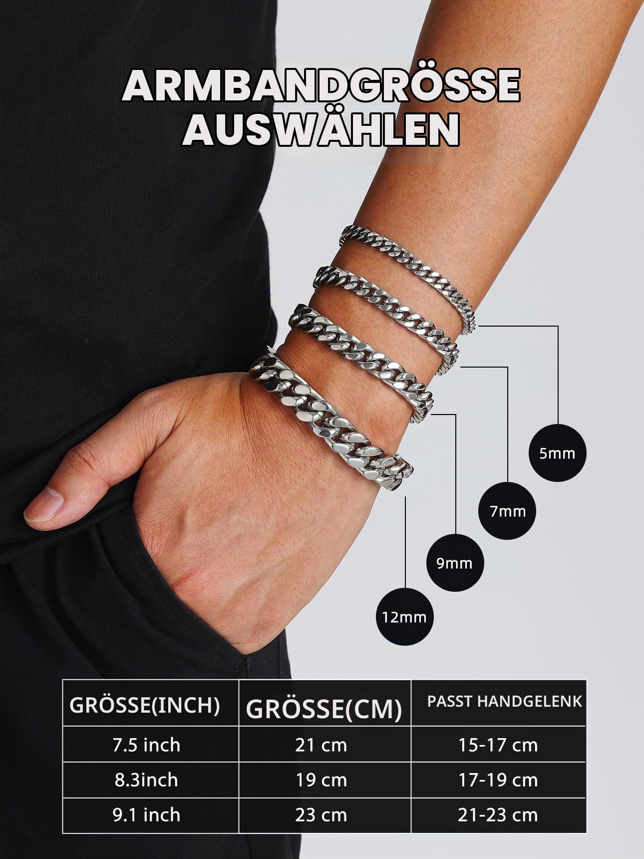 Bestyle Armband für Männer Herren 12,5MM breit Fashion Kettenarmband Damen Kubanische Miami Armkette Länge 19cm Silberkette mit Geschenkbox