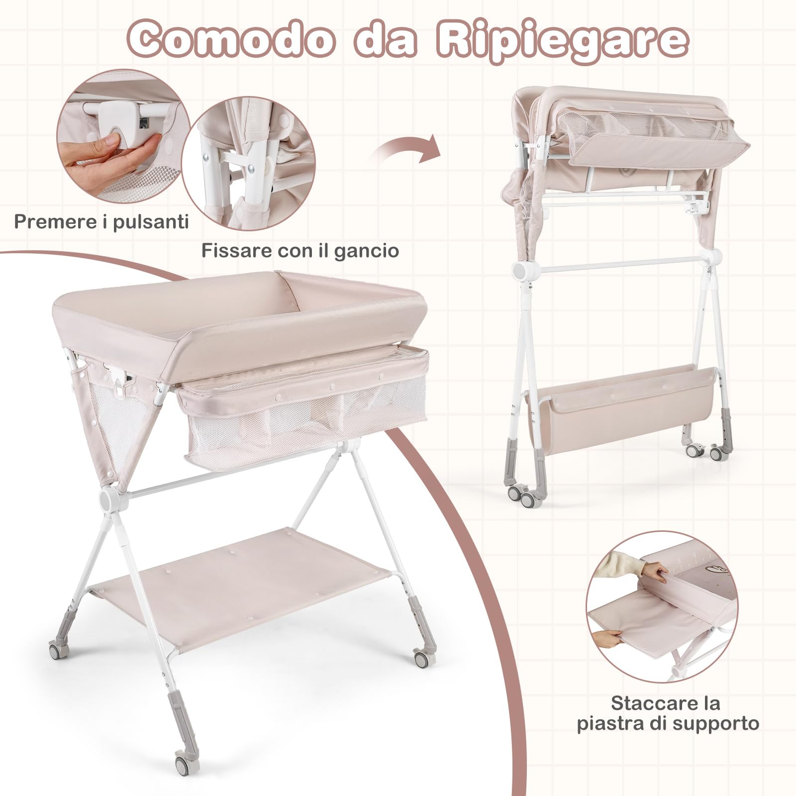 COSTWAY Fasciatoio Pieghevole per Bambini, Altezza Regolabile 3 Livelli, Ruote Bloccabili, Beige