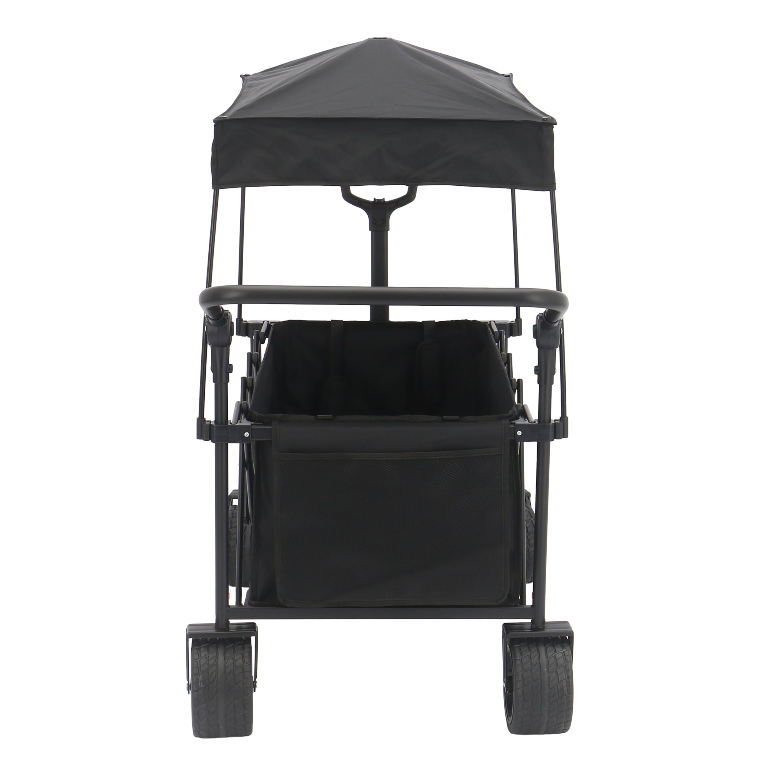 AXI SB221 Faltbarer Bollerwagen mit Dach in Schwarz | Handwagen Klappbar/Faltbar mit Zug- & Schiebestange, Gurt, Hülle, & Getränkehalter - PP Gummireifen | Kapazität: 130 l