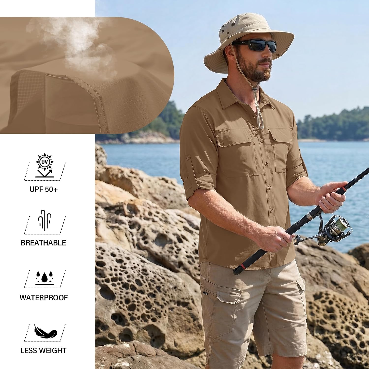 Men's Safari Shirt Long Sleeve UPF 50+ Sun Protection Quick Dry Fishing Hiking Shirt Lightweight Outdoor Travel