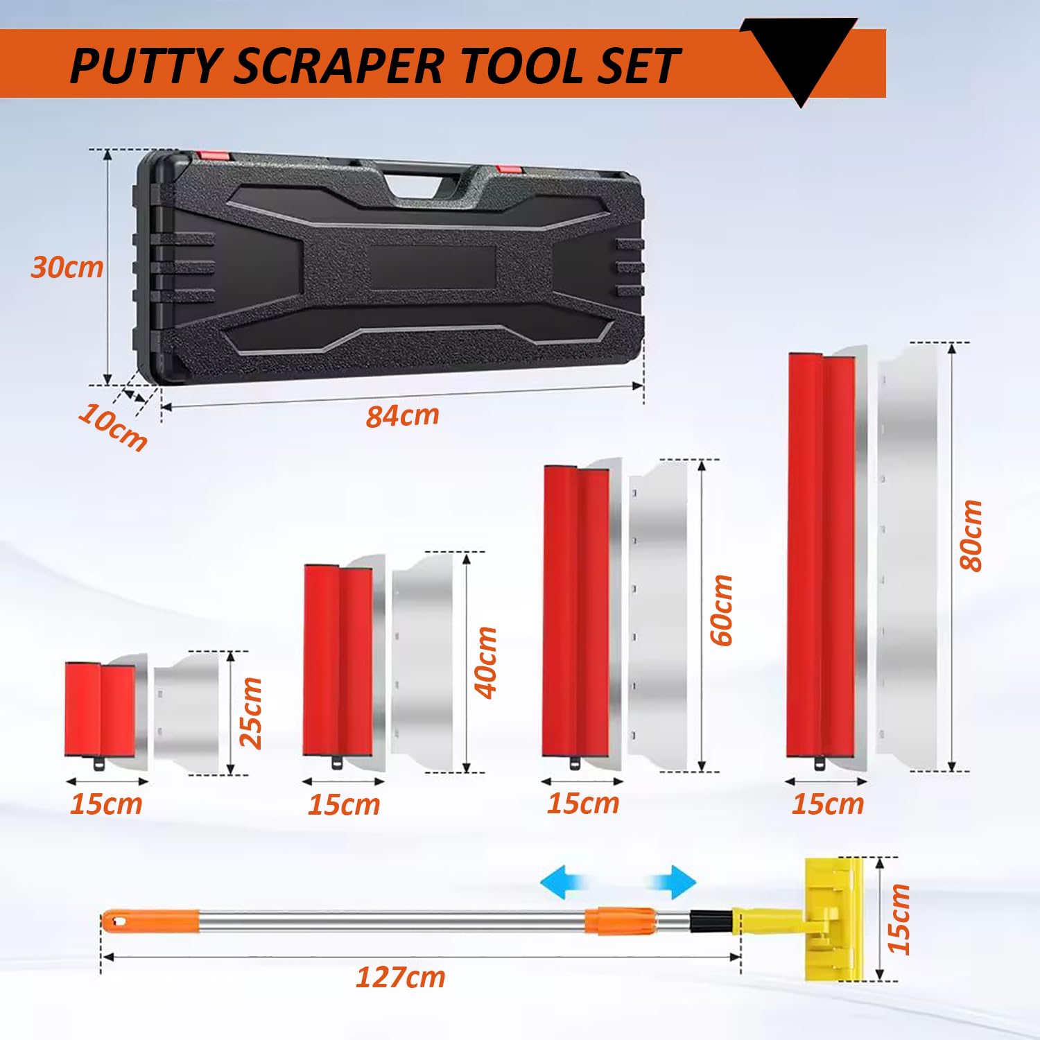 Set di Lame per Cartongesso con Custodia, Spatola per Stucco Spatola, Spatola per Stucco 30/40/60/80cm, manico di Estensione da 71 a 127 cm per Appiattire Pareti e Soffitti