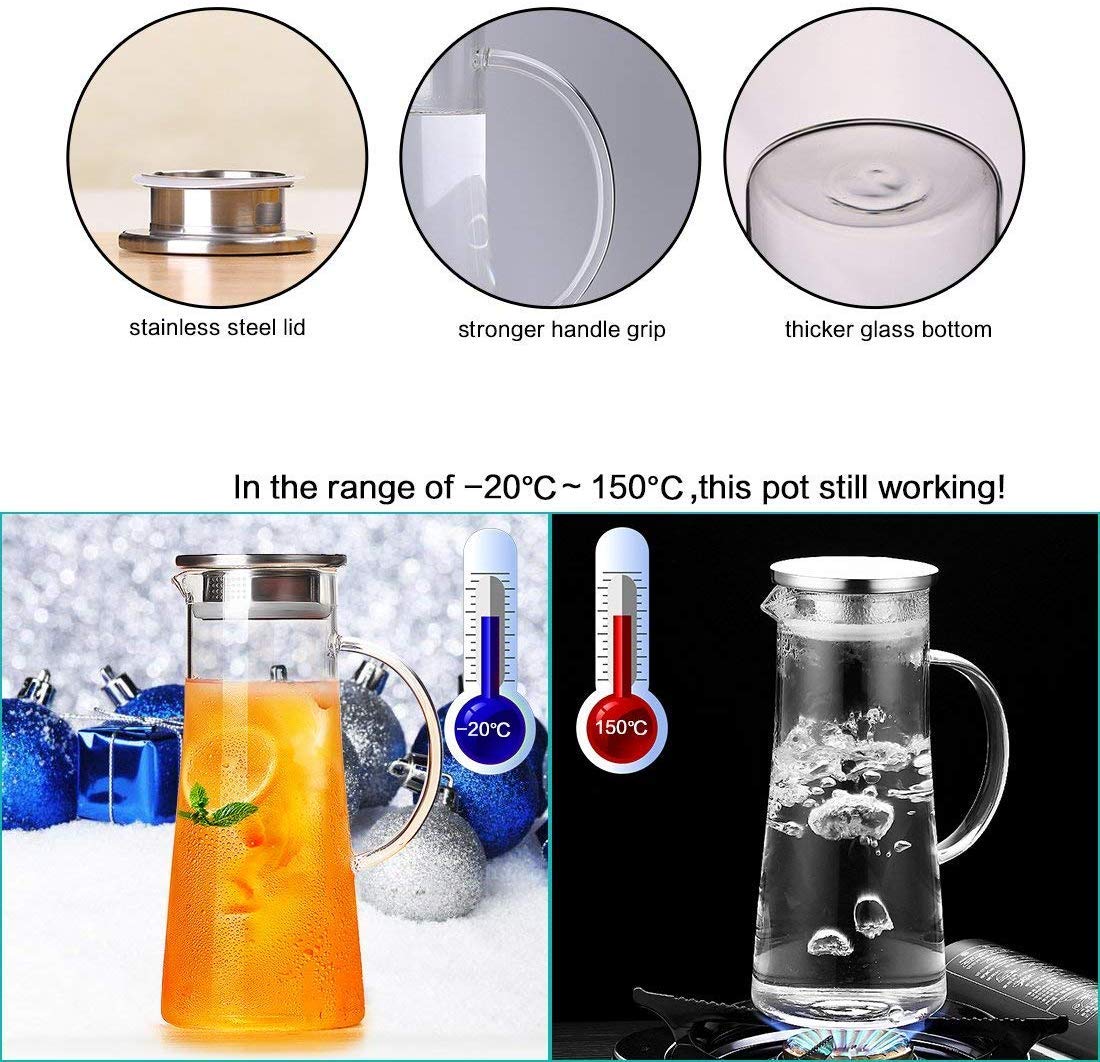 ONEISALL 1.5L Glass Water Pitcher, Ice Cold Juice Carafe with Stainless