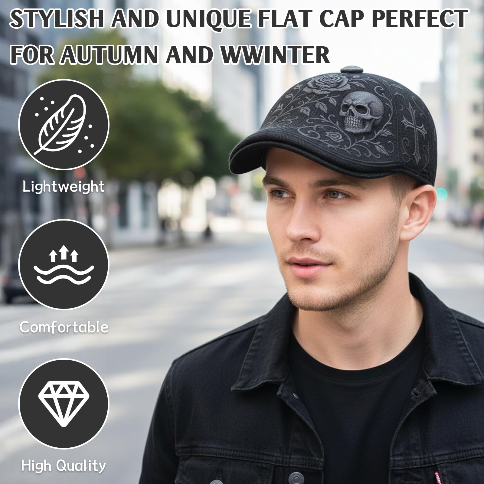 CHANGYUE Casquette Plate crâne et épine, Chapeau rétro réglable Gothique avec crâne, Rose et Croix, Cadeau Mode