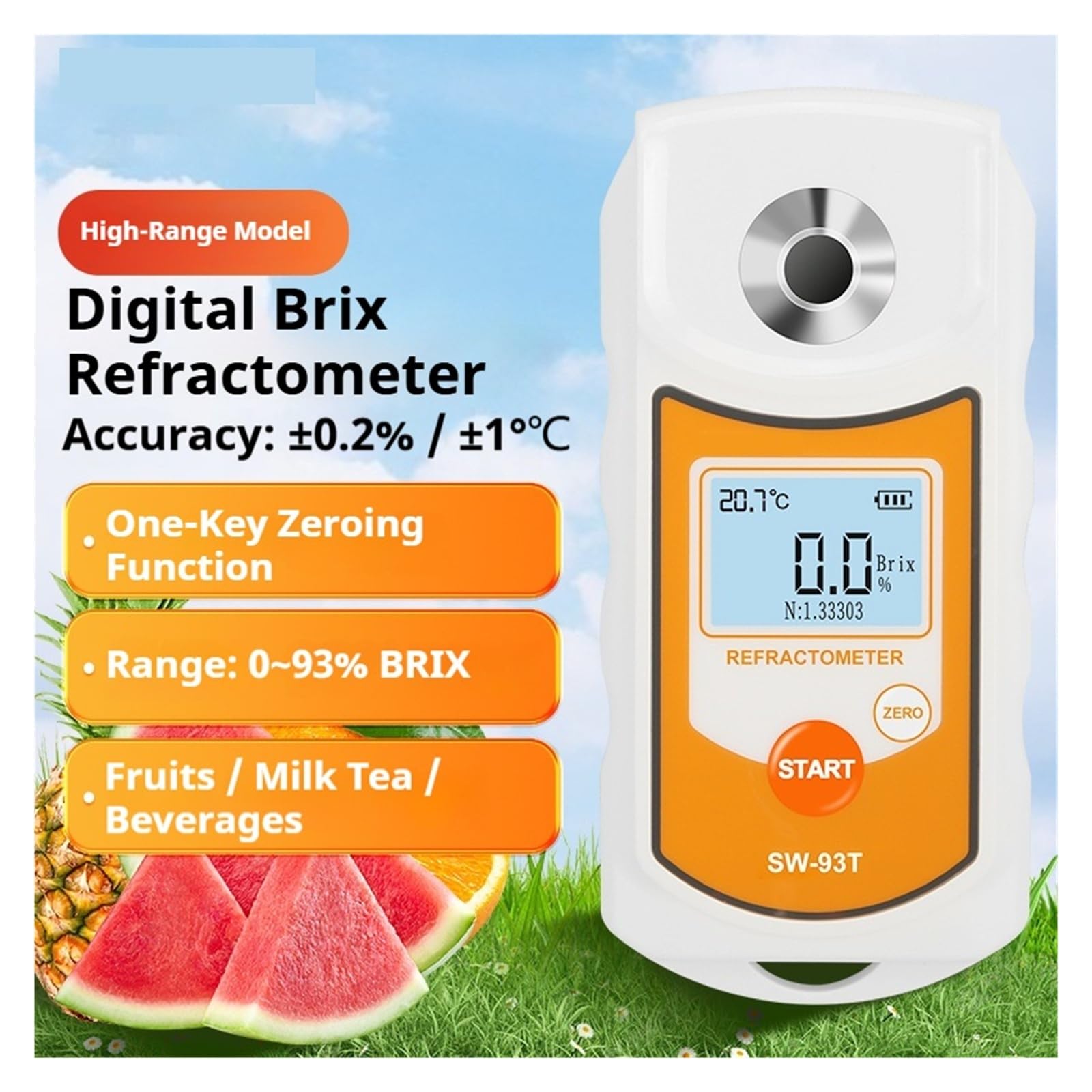 Rifrattometro digitale LCD, misuratore Brix, strumento di misurazione del contenuto di zucchero ATC for succhi di frutta, saccarometro 0-93% Risposta rapida