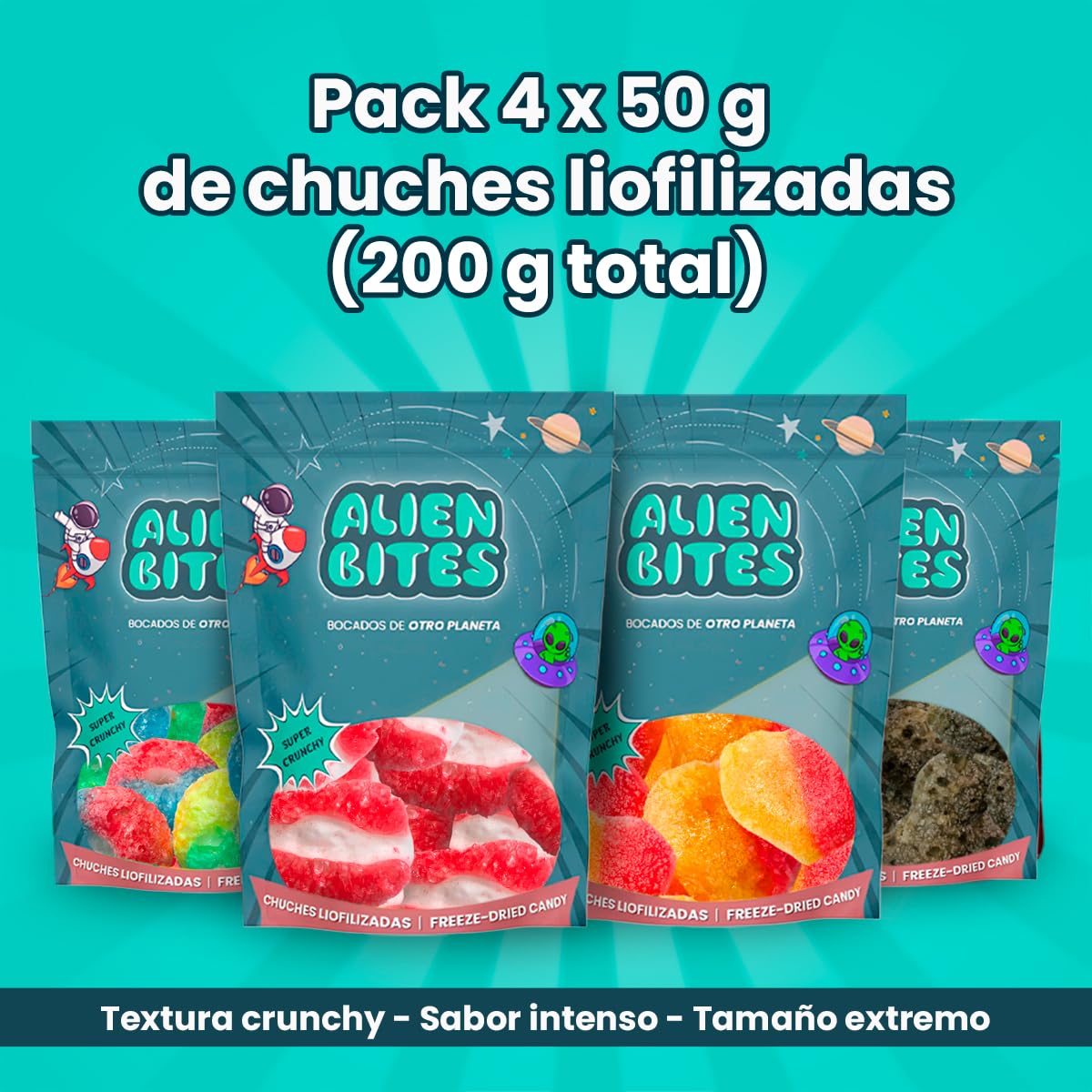 Alien Bites Pack de 4 Bolsas de 50g Chuches Liofilizadas Gominolas Freeze Dried Sin gluten