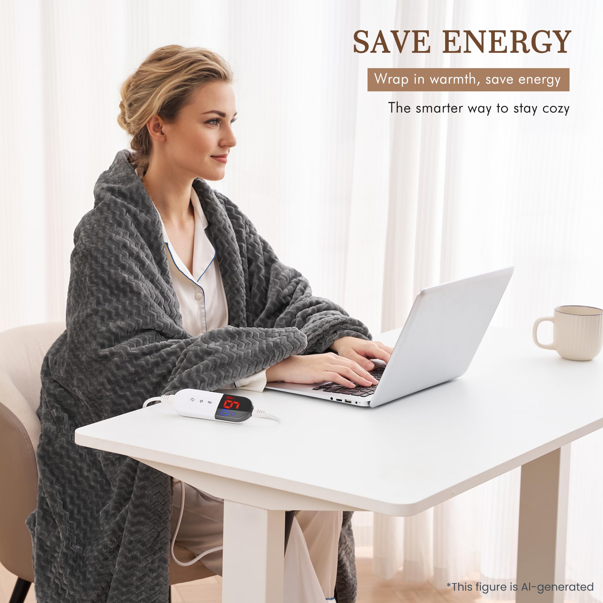 Manta Eléctrica Térmica de Franela con Patrón de Olas 130*180cm, Manta Eléctrica Grande con 6 Niveles de Calor y Apagado Automático 1-10H, Calefactora Lavable a Máquina para Sofá Cama Oficina (Gris)