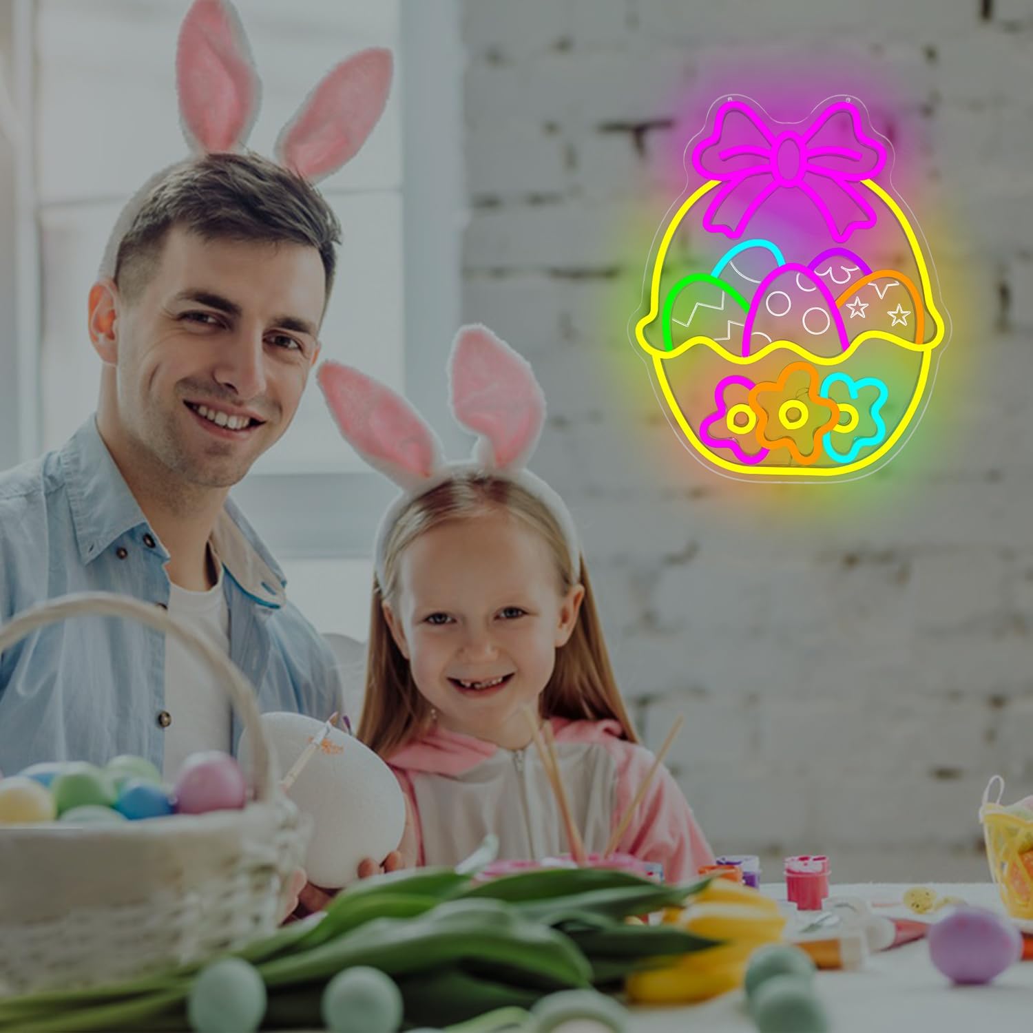 Easter Neon Sign for Wall Decor Flower Easter Basket Neon Light Egg Led Sign Easter Decorations Dimmable Bow Basket Light Up Signs for Window Party Gifts Bedroom Holiday Spring Bar Home Business