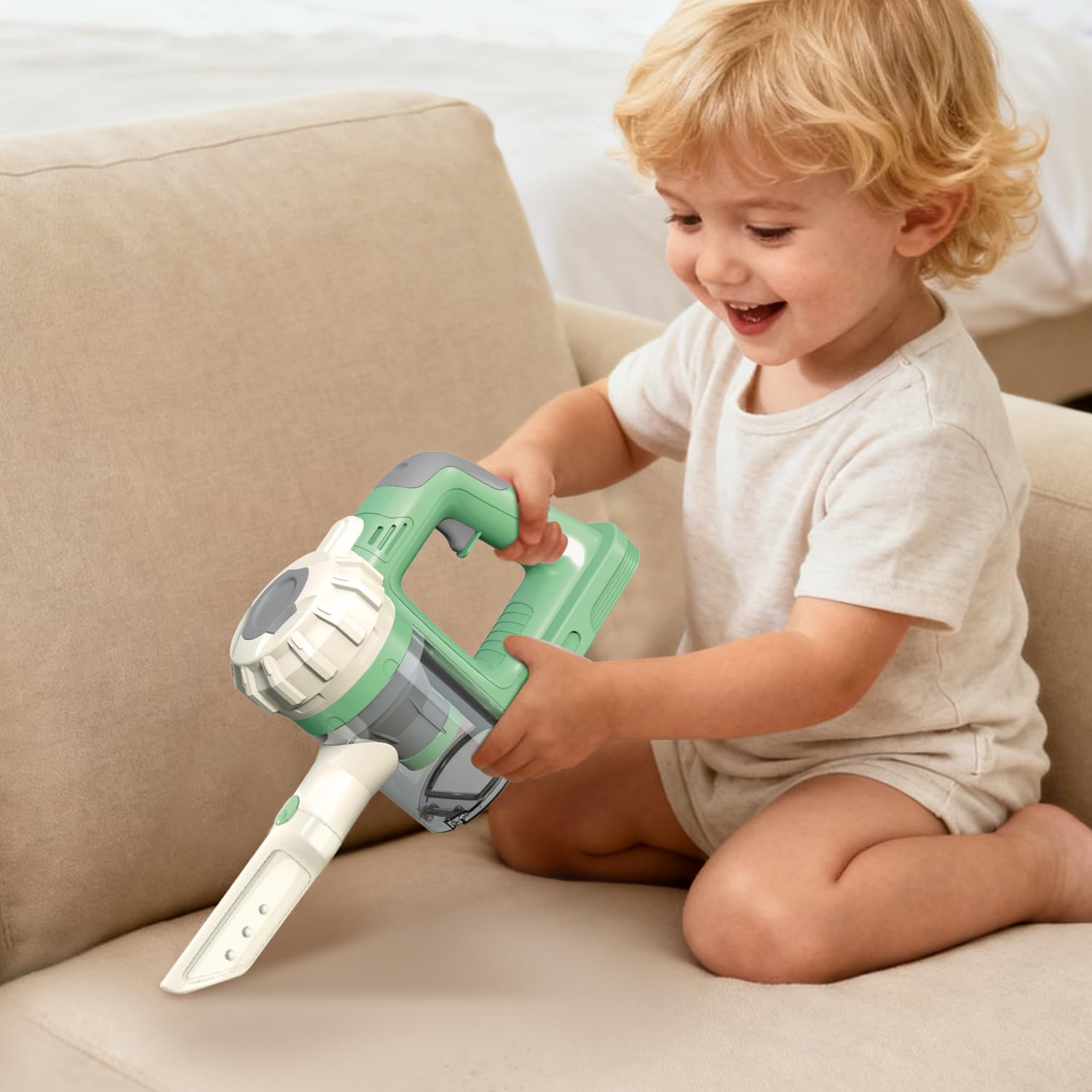 VARANO 3-in-1 Kids Vacuum That Really Works, Toddler Toy Vacuum Cleaning Set for Children Aged 3+, Fun Kids Working Toy Vacuum Cleaner with Working Suction for Realistic Play (Green)