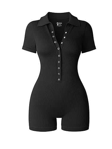 OQQ Women Yoga Rompers Ribbed V Neck Stretch Tummy Control Exercise Rompers - Black - Small