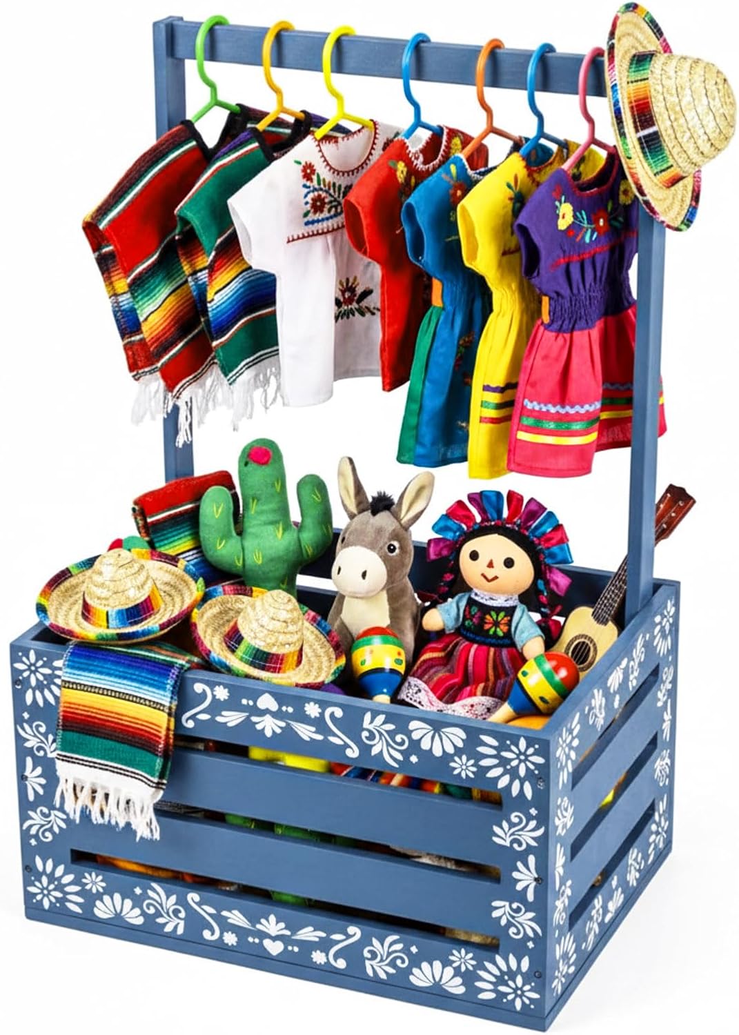 Novabright Blue Cielito Lindo Wooden Baby Shower Crate Closet Mexican Wood Baby Basket Gift with Handle New Born Basket for Pregnancy New Parent Nursery Storage Organizer Display