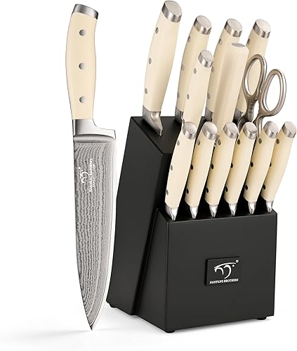 Damasco - Juego de cuchillos de cocina de 14 piezas con bloque, mango ergonómico ABS blanco para juego de cuchillos de chef y cuchillos de carne
