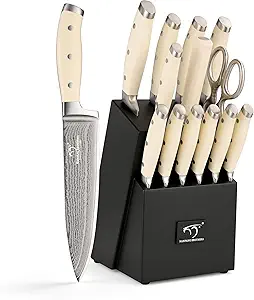 Damascus Kitchen Knife Set, 14 Pieces Kitchen Knife Set with Block, White ABS Ergonomic Handle for Chef Knife Set and Serrated Steak Knives Knife Sharpener and Kitchen Shears, Black Wooden Block