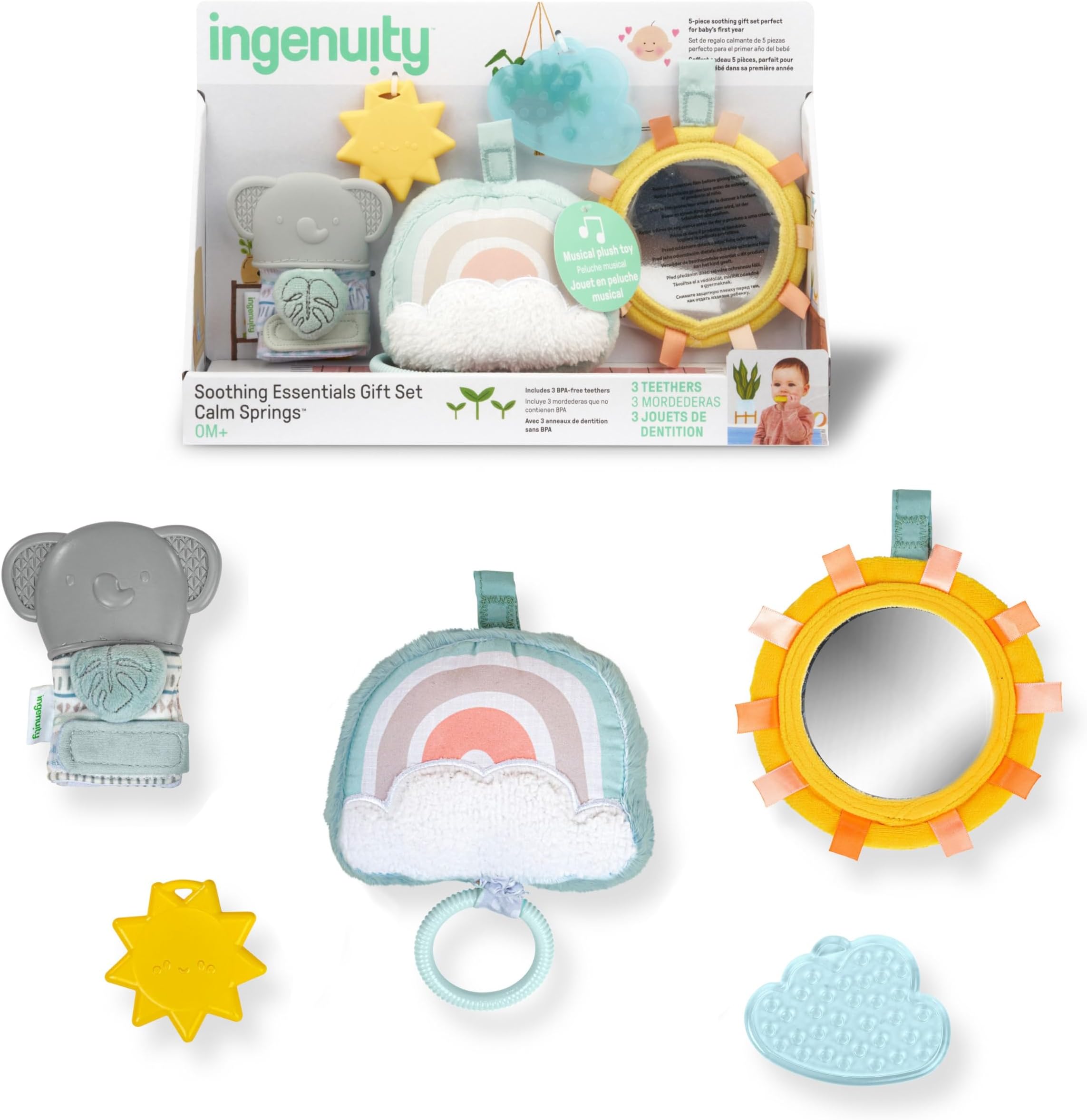 Calm Springs Soothing Essentials Gift Set - Musical Toy, Rattle, Mirror, 2 Teethers for Baby