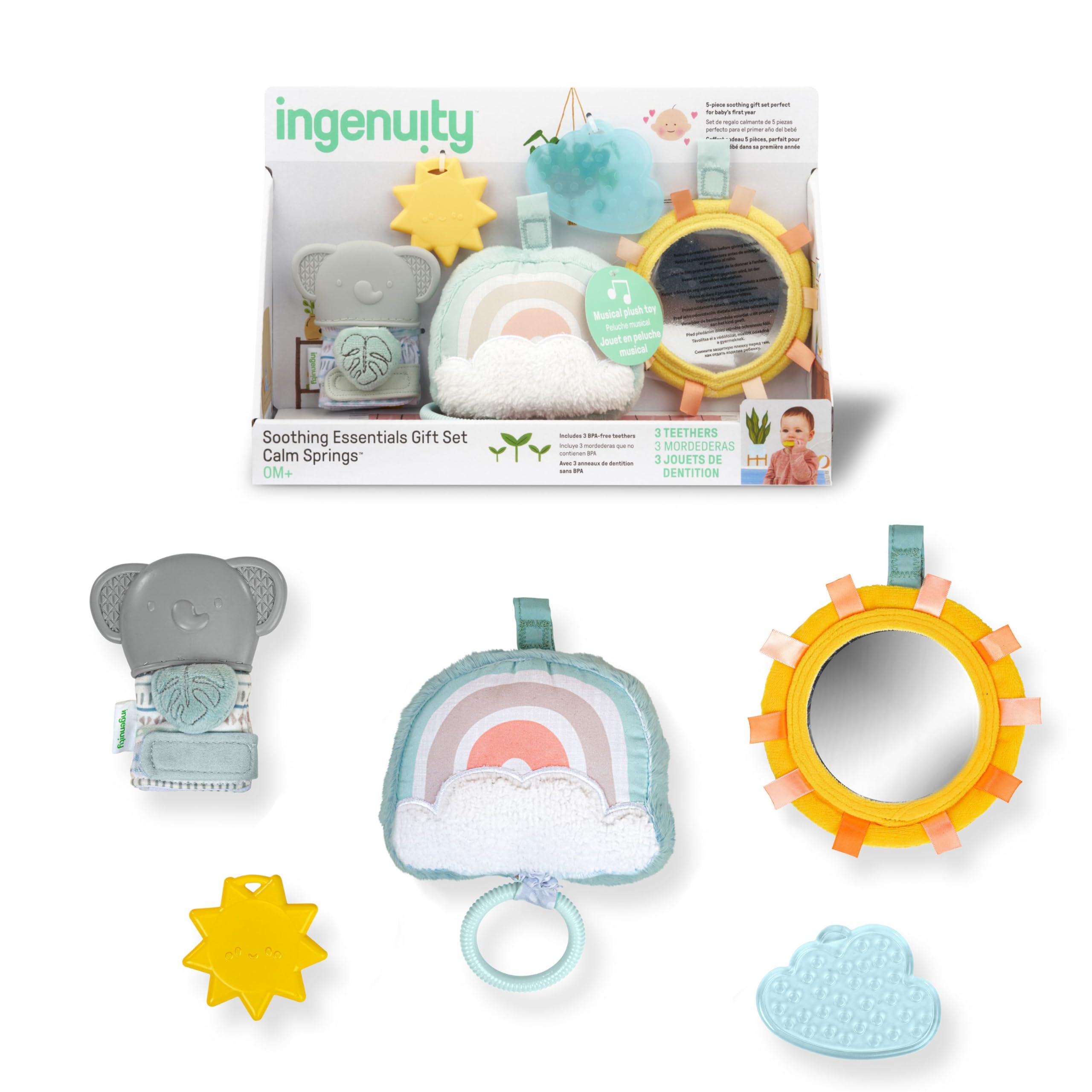 Calm Springs Soothing Essentials Gift Set - Musical Toy, Rattle, Mirror, 2 Teethers for Baby