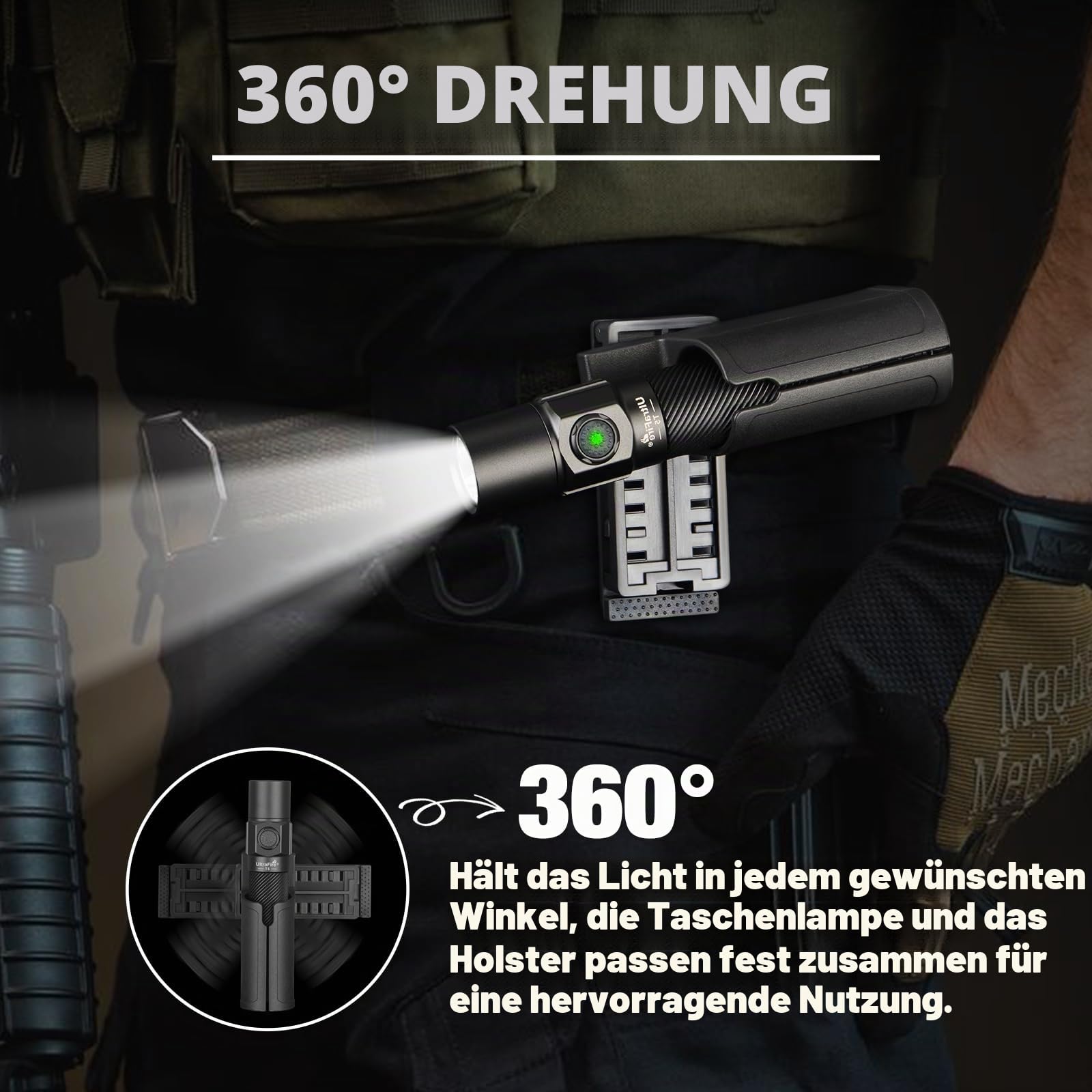 UltraFire Wiederaufladbare Taktische Taschenlampe mit Holster, 1800 Lumen 5 Modi Polizei Taschenlampe, Doppelschalter LED Taschenlampe für Strafverfolgung Camping Outdoor T5