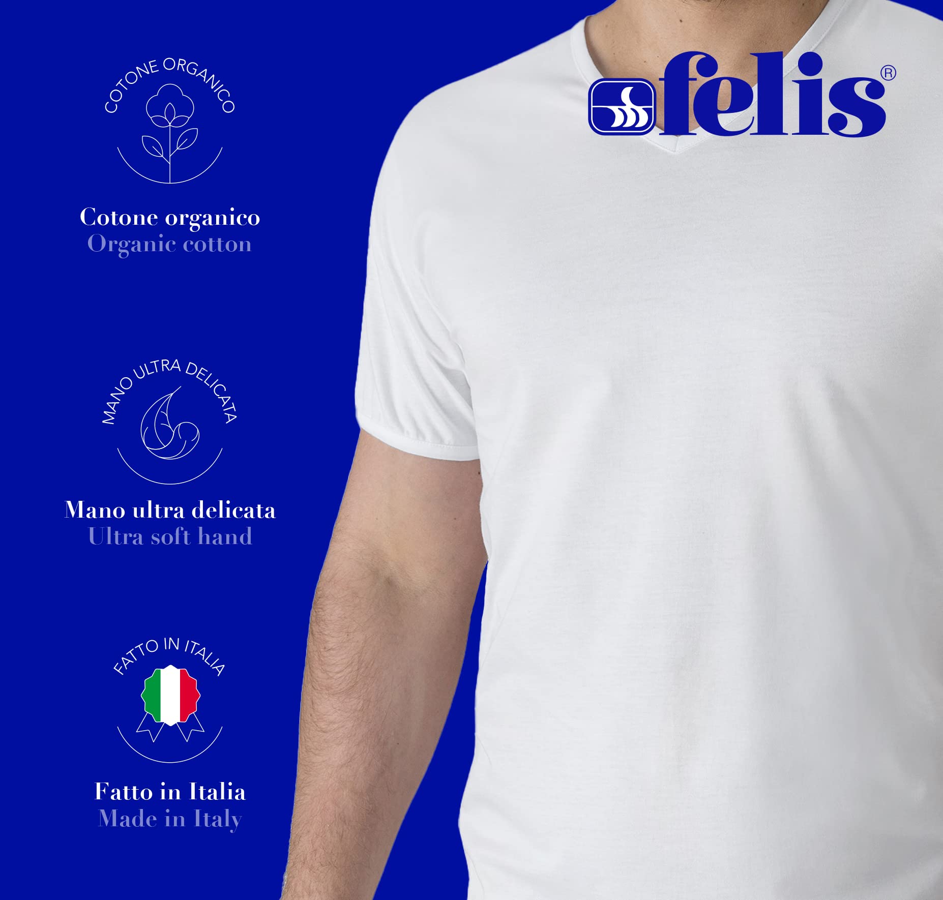 Felis Confezione da 3 Scollo a V Mezza Manica Uomo Classico, Cotone Jersey, Maglietta T-Shirt, Bianco, Traspirante e Comodo, Anche Taglie Forti