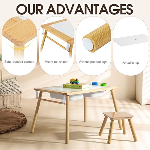 Miniatura 3 de Juego de mesa y sillas de madera, mesa de actividades con taburete, 2 contenedores de almacenamiento y soporte para rollos de papel, mesa de comedor