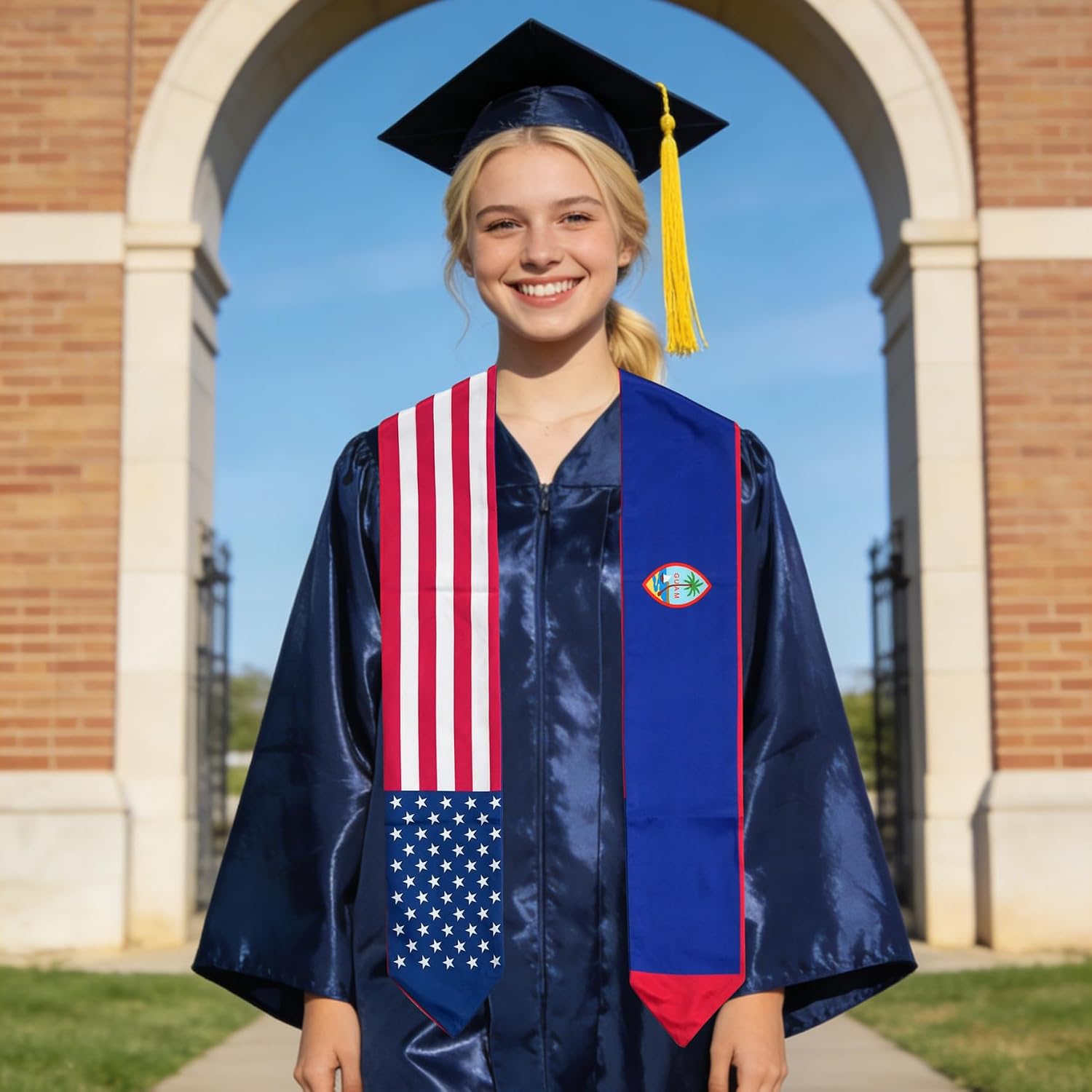 USA And Guam Flag Graduation Stole,Satin Embroidery Graduation Sash for International Students,72 Inch Length.