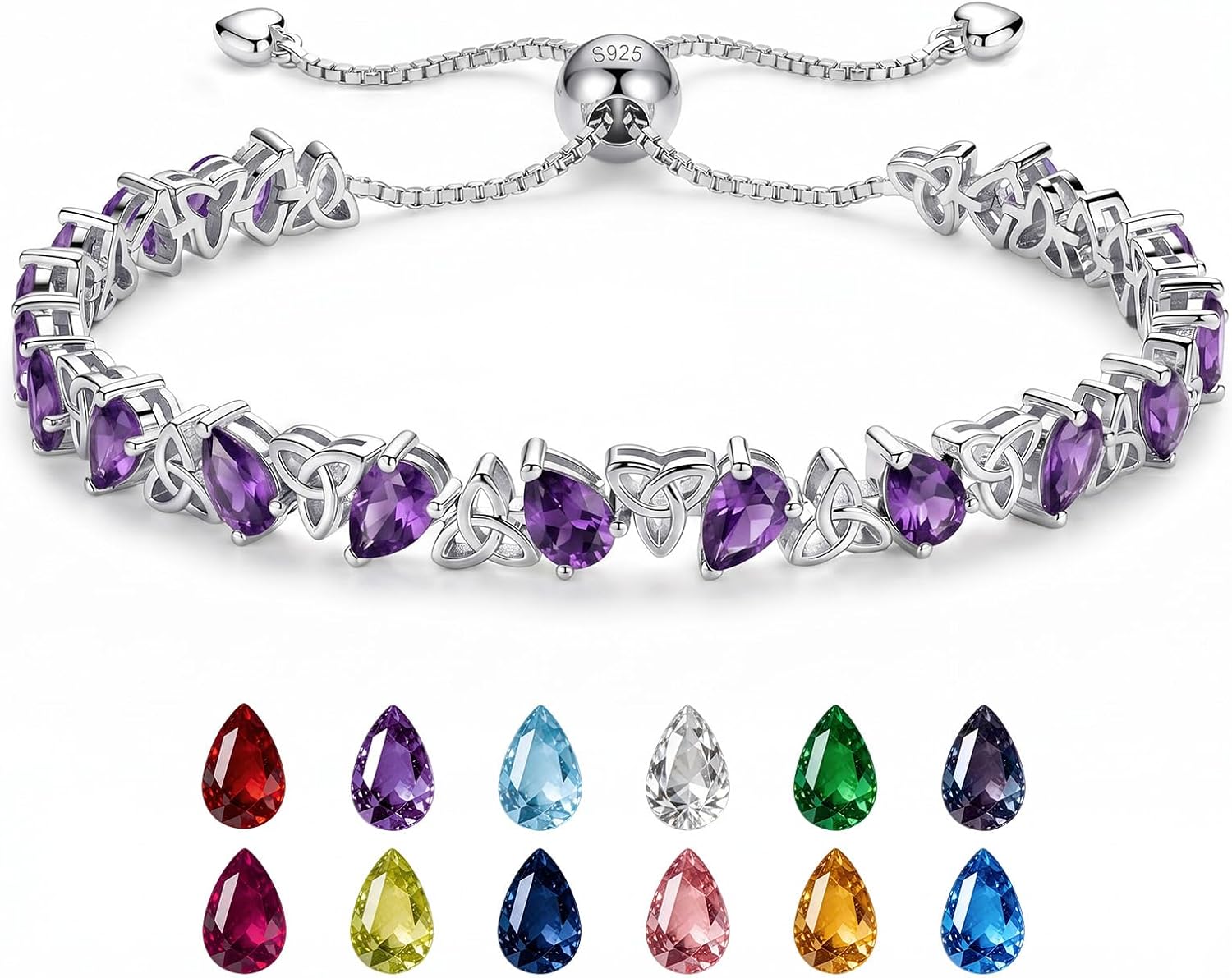 Birthstone Bracelets for Women, Pear Cut Tennis Bracelet 925 Sterling Silver, 6-9 Inch Adjustable Celtic Knot, Anniversary Birthday Jewelry Gifts for Women