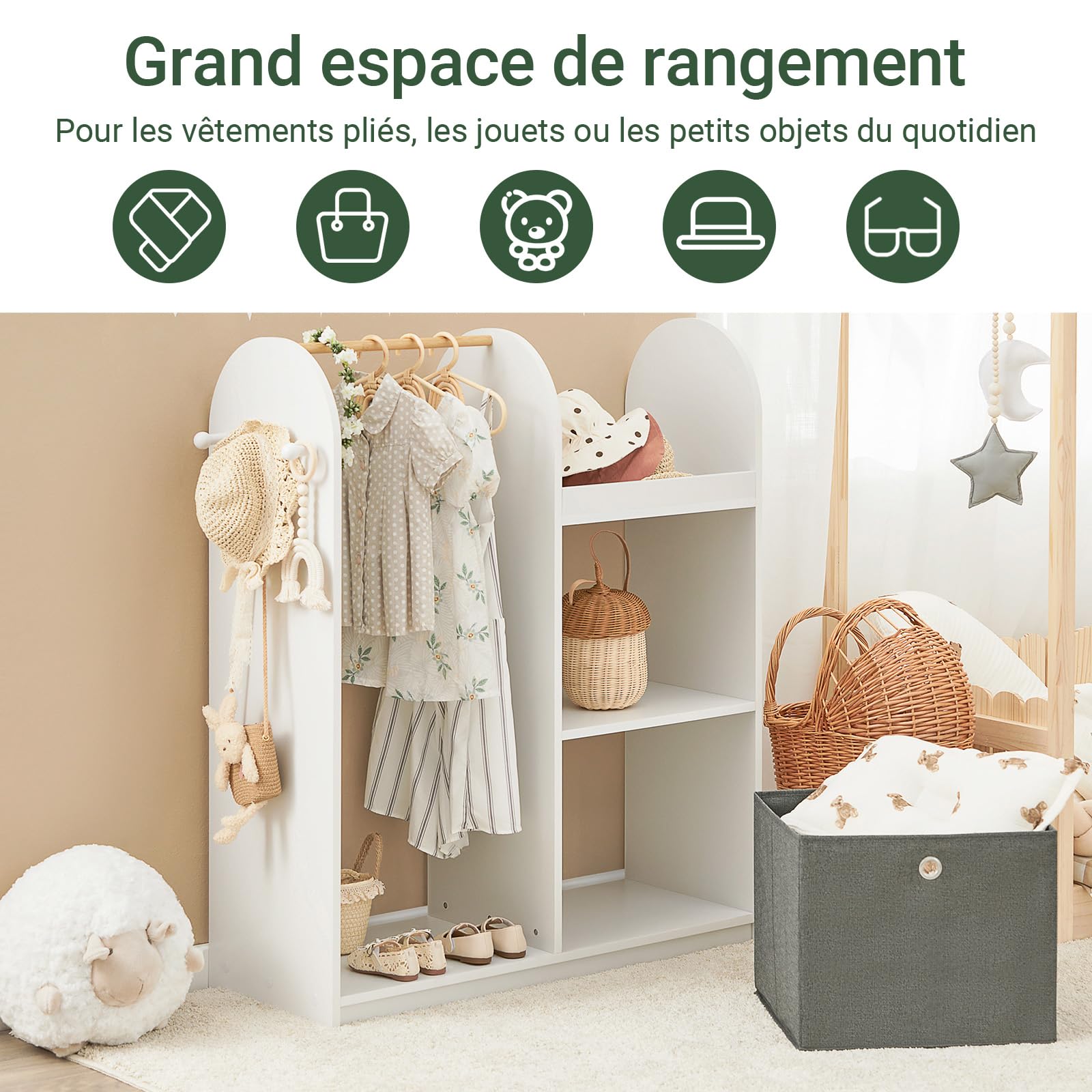 SoBuy Armoire Enfant Penderie Enfant avec Portant Vêtements Garde-Robe avec 3 Étagères Panier en Tissu et 3 Crochets Petite Armoire Etagere Blanc 97x35x108 cm KMB40-W