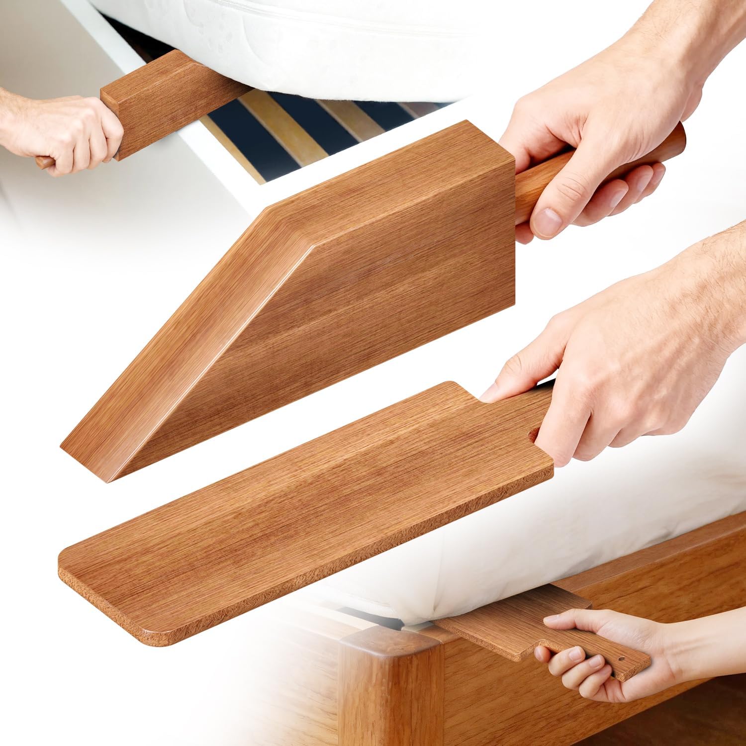 CNARIO Mattress Lifter & Bed Maker Tool Set for Changing Sheets, Acacia Wood Mattress Lifter Tool, Comfort Grip, Sturdy & Durable for Seniors & Housekeepers, Tucks Sheets, Removes Sheets, Bed Skirts
