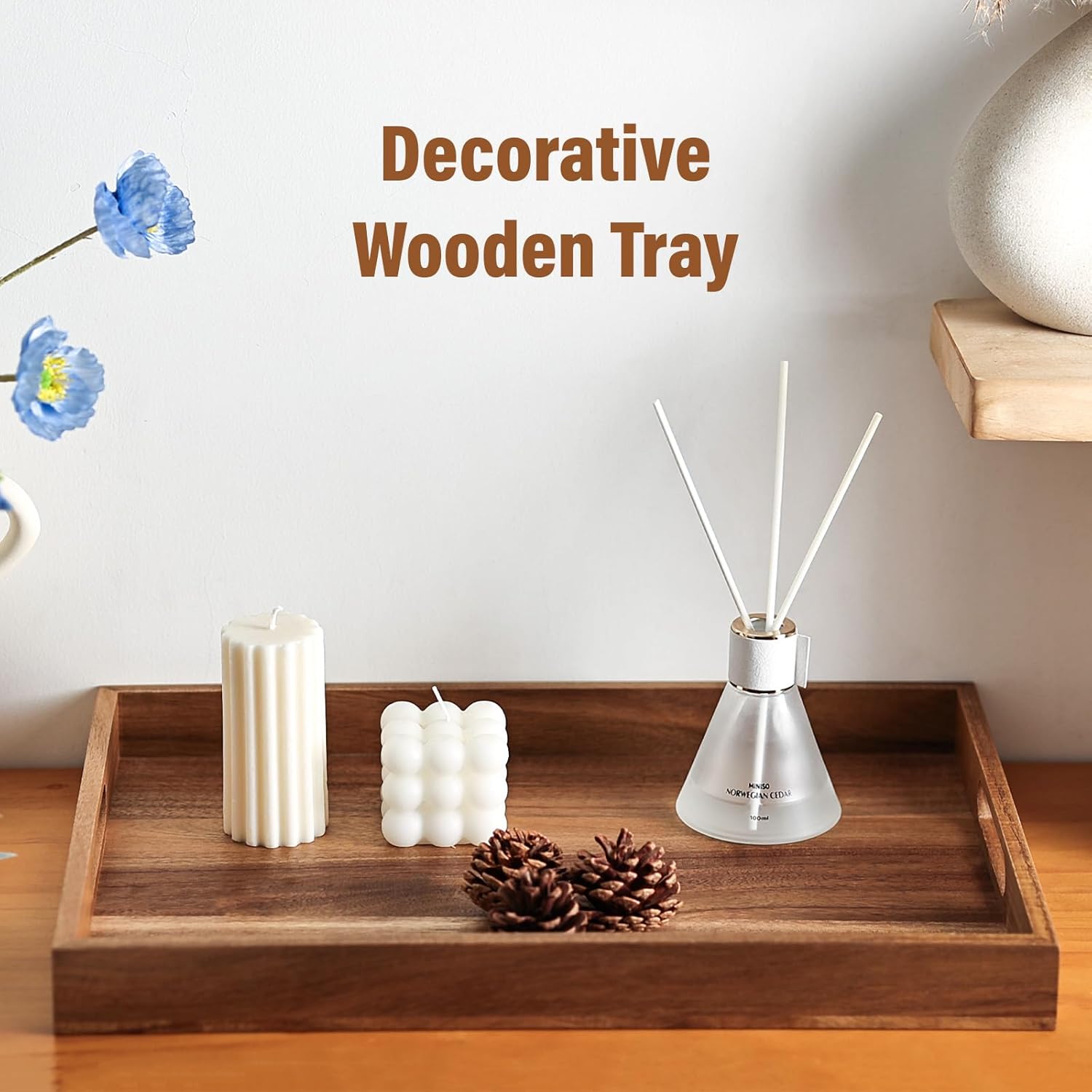 Wood Serving Tray with Handles, 16.9 Inch Coffee Table Tray for Daily Use, Farmhouse Wooden Serving Tray for Breakfast, Lunch, Dinner, Home Kitchen Dining Tabletop Decor, Ottoman Decorative Tray