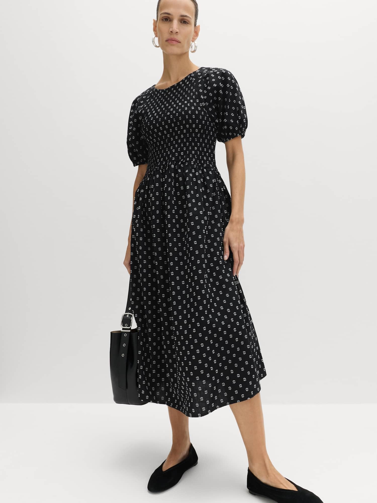 Marks & Spencer Robe en Coton à Taille ajustée, Manches Bouffantes et imprimé