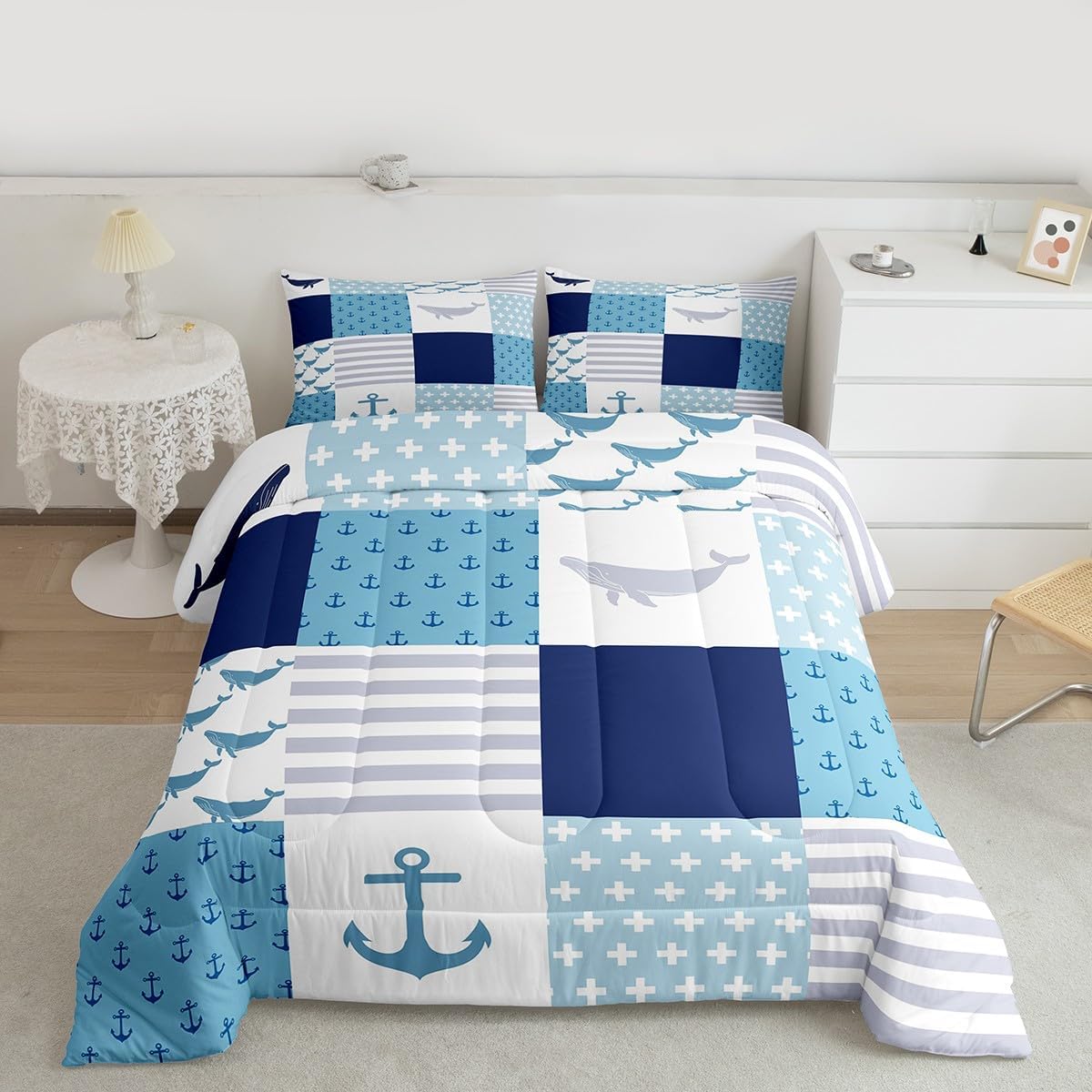 Anchor Pattern Full Size Comforter Set Cartoon Whale Bedding Set for Kids Adults Teens Stripes Grid Comforter Luxury Blue Navy White Quilt Set Room Decor 3Pcs