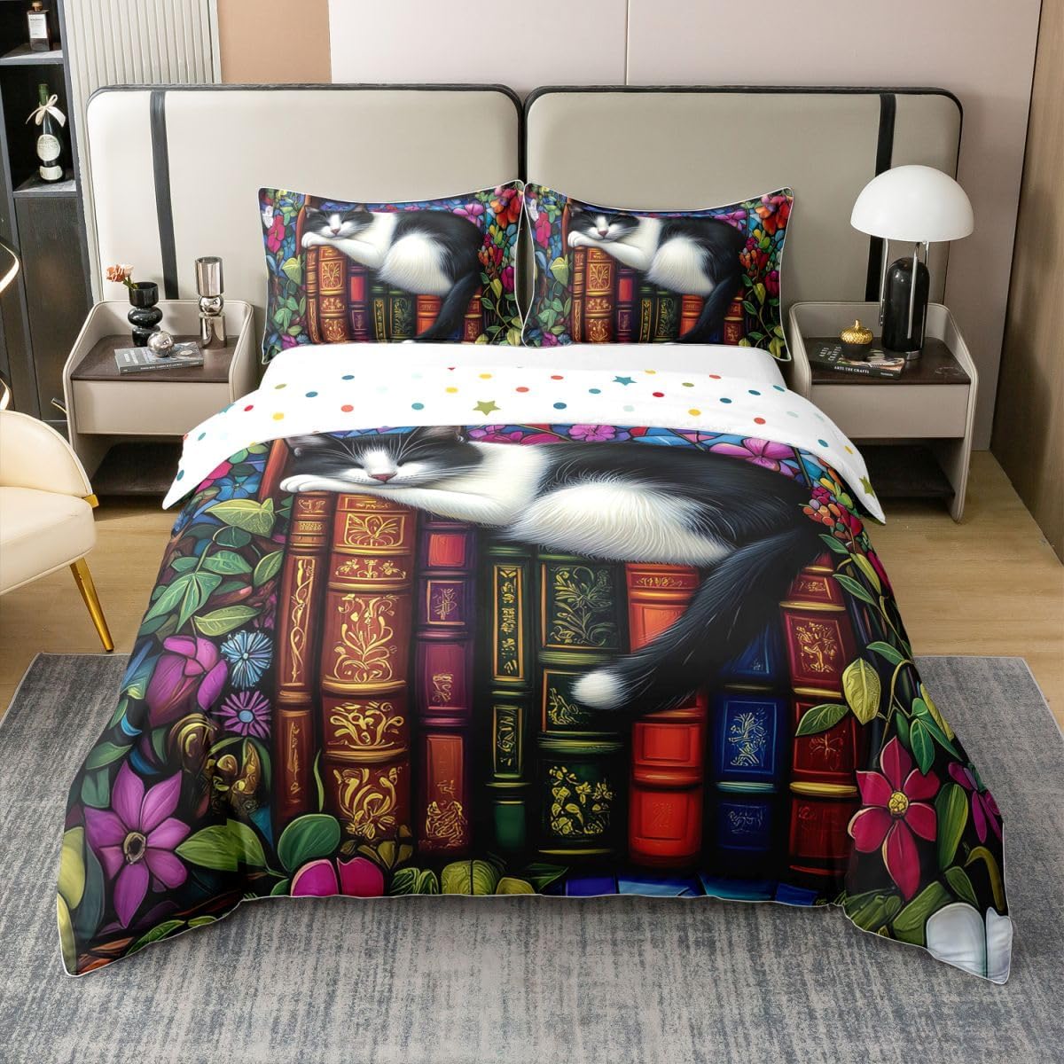 Cute Cat 100% Cotton Duvet Cover Twin Size,Retro Book Bookshelf Bedding Sets 2Pcs for Kids Girls Teens Room Decor,Natural Botanical Comforter Cover Family Pet Animals Quilt Cover,1 Pillowcase
