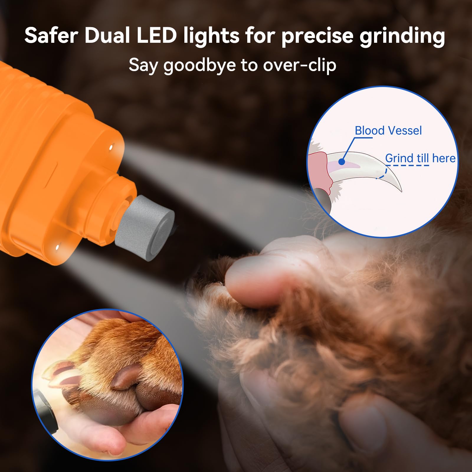 PAPIFFEED Dog Nail Grinder with LCD Display – Quiet Electric Nail Trimmer with Dual LED Light, Safe for Black & Thick Nails, Rechargeable for Small Medium Large Dogs & Cats (Orange) - image 3