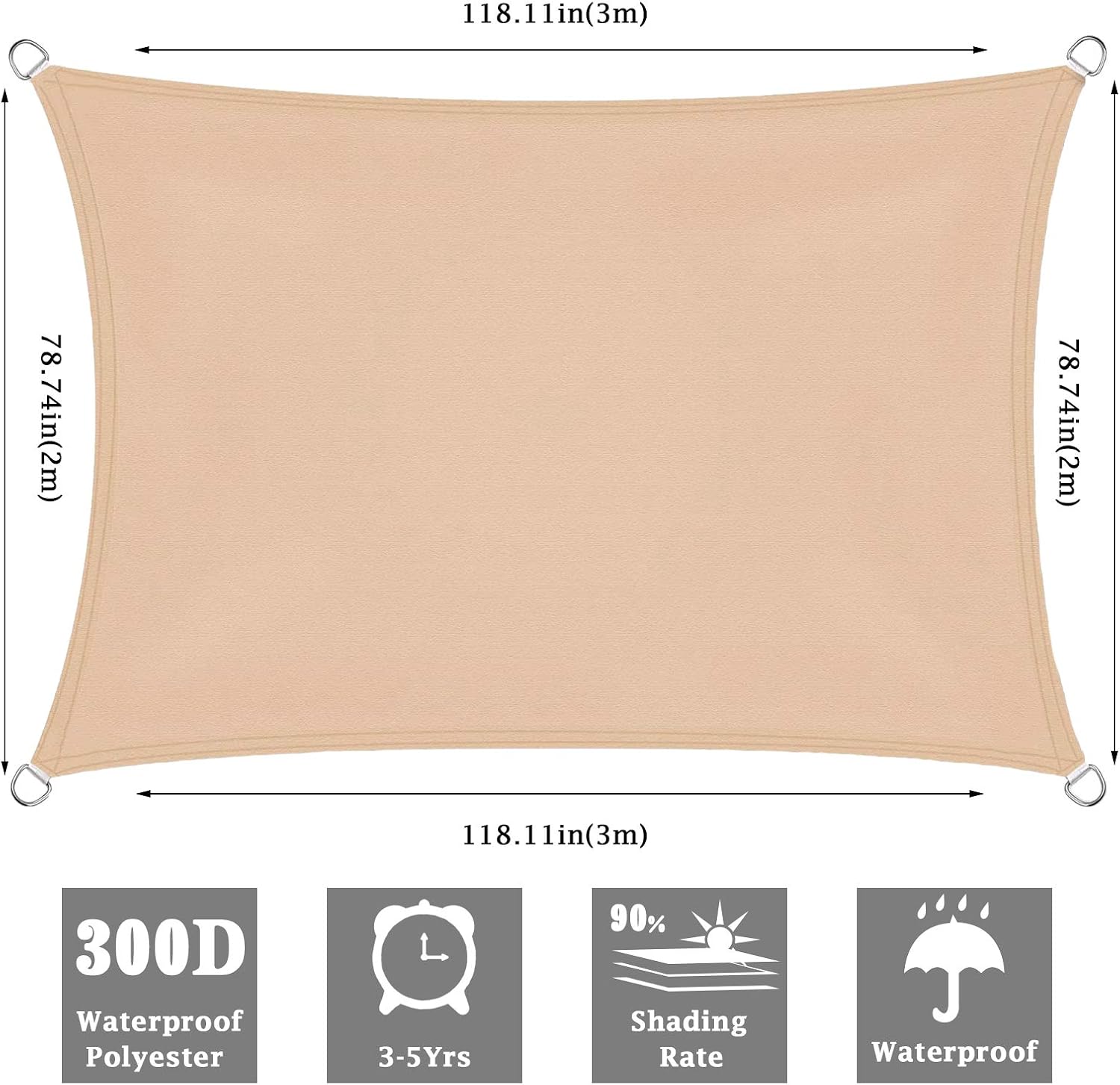 Sun Shade Sail Rectangle Block Canopy Awning Fabric Cloth Screen - Sun Protection Outdoor Patio Carport for Patio Garden Backyard (Light Yellow, 2 X 3M)