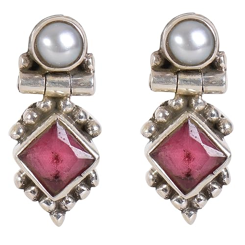 925-92.5 Sterling Silver Pearl, Ruby, Cubic Zirconia, Onyx, Emerald, Turquoise, Stone Fashion Stud Earring drops danglers for Women and GirlS (RED)