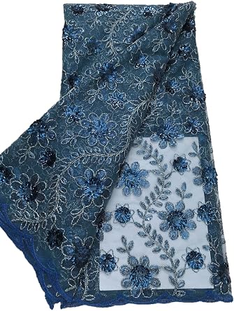 African Lace Fabric 5 Yards, 3D Sequin Embroidery on Tulle with Crochetwork, Elegant Glitter Fabric for Wedding Dresses, Party Gowns, and Formal Attire Sewing Projects Blue
